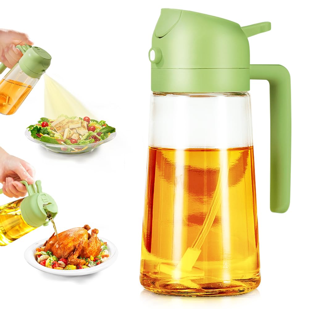2 in 1 Oil Spray and Container - 470ml/16oz Glass Olive Oil Spray Bottle for Air Fryer, Baking, Grilling - Perfect for Kitchen, Salad Dressing & Healthy Cooking (Green)