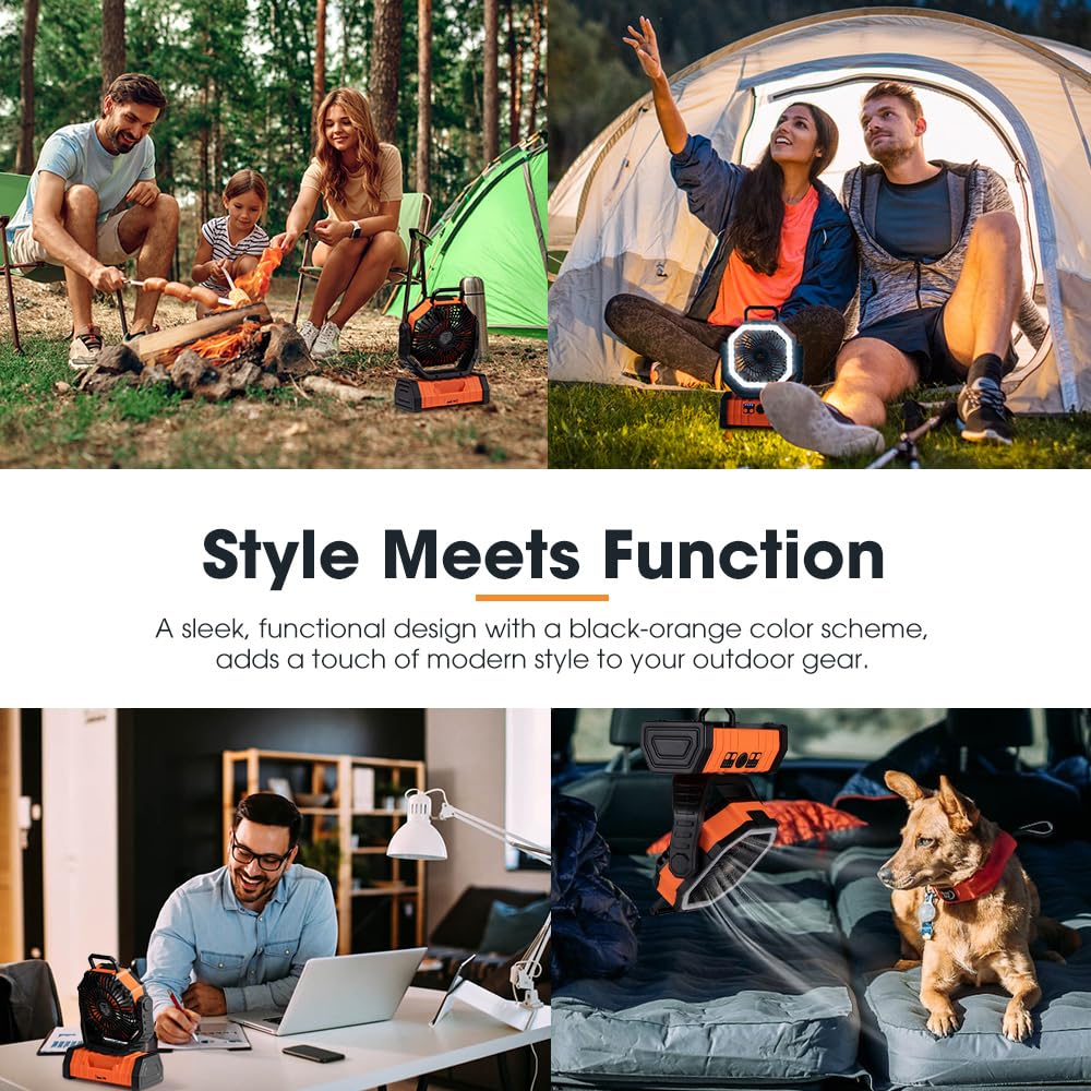 SanHima Portable Camping Fan with LED Light - 20000mAh Rechargeable Battery, 360° Rotating Hook, 4 Speed Settings & Oscillation - USB Powered Desk Fan for Outdoor Tent, Travel, Home Office, Beach & Fishing Adventures | Perfect for Summer Camping Trips and Indoor Cooling