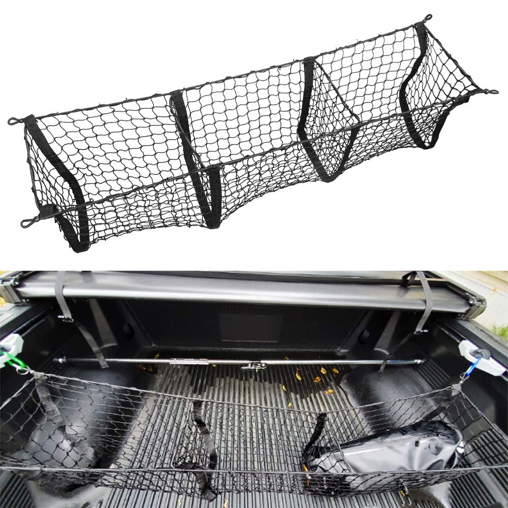3-Pocket Stretchable Cargo Net Trunk Organizer - 45x16 Inch Truck Bed Storage Net for Toyota Tacoma & Tundra (2012-2020 Models) | Car Accessories for Camping, Road Trips & Hauling Gear