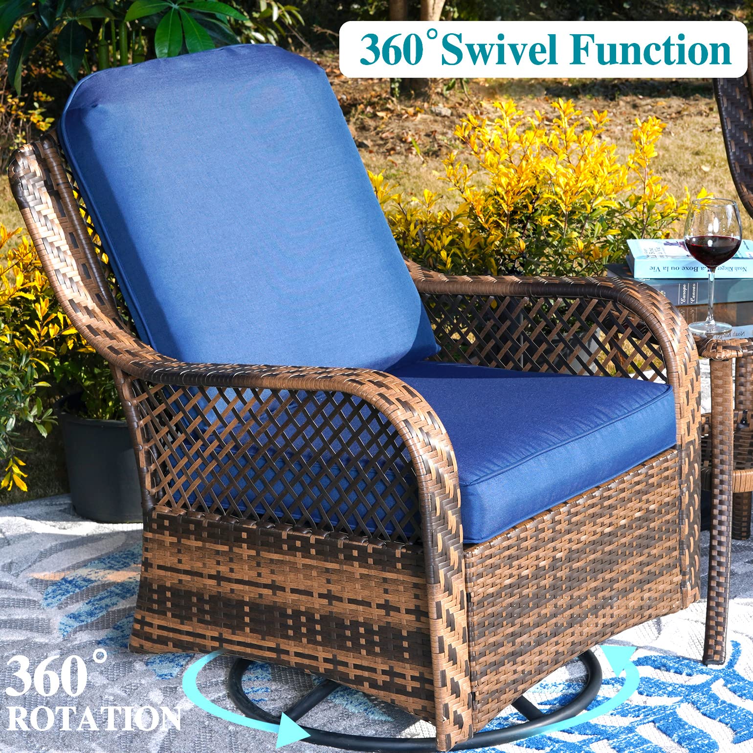 PHI VILLA 4-Piece Outdoor Swivel Rocker Chair Set with Square Gas Fire Pit Table - Wicker Patio Furniture for Garden, Deck, Porch & Backyard - Navy Blue - Perfect for Entertaining, Relaxing & Outdoor Gatherings