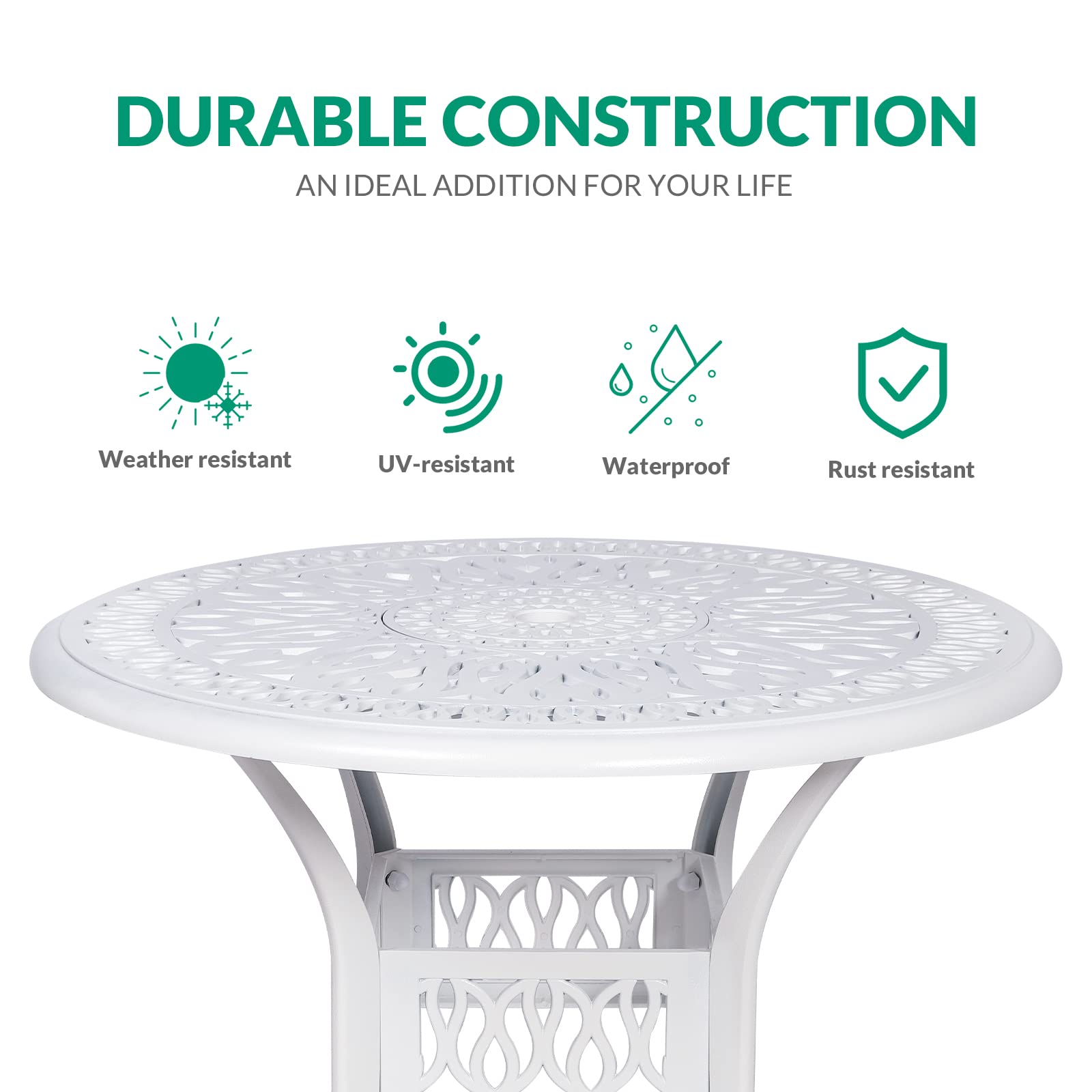 VIVIJASON 35.4 Inch Round Outdoor Patio Dining Table - White Rustic Cast Aluminum with Umbrella Hole - Perfect for Backyard, Garden, Poolside & Outdoor Entertaining