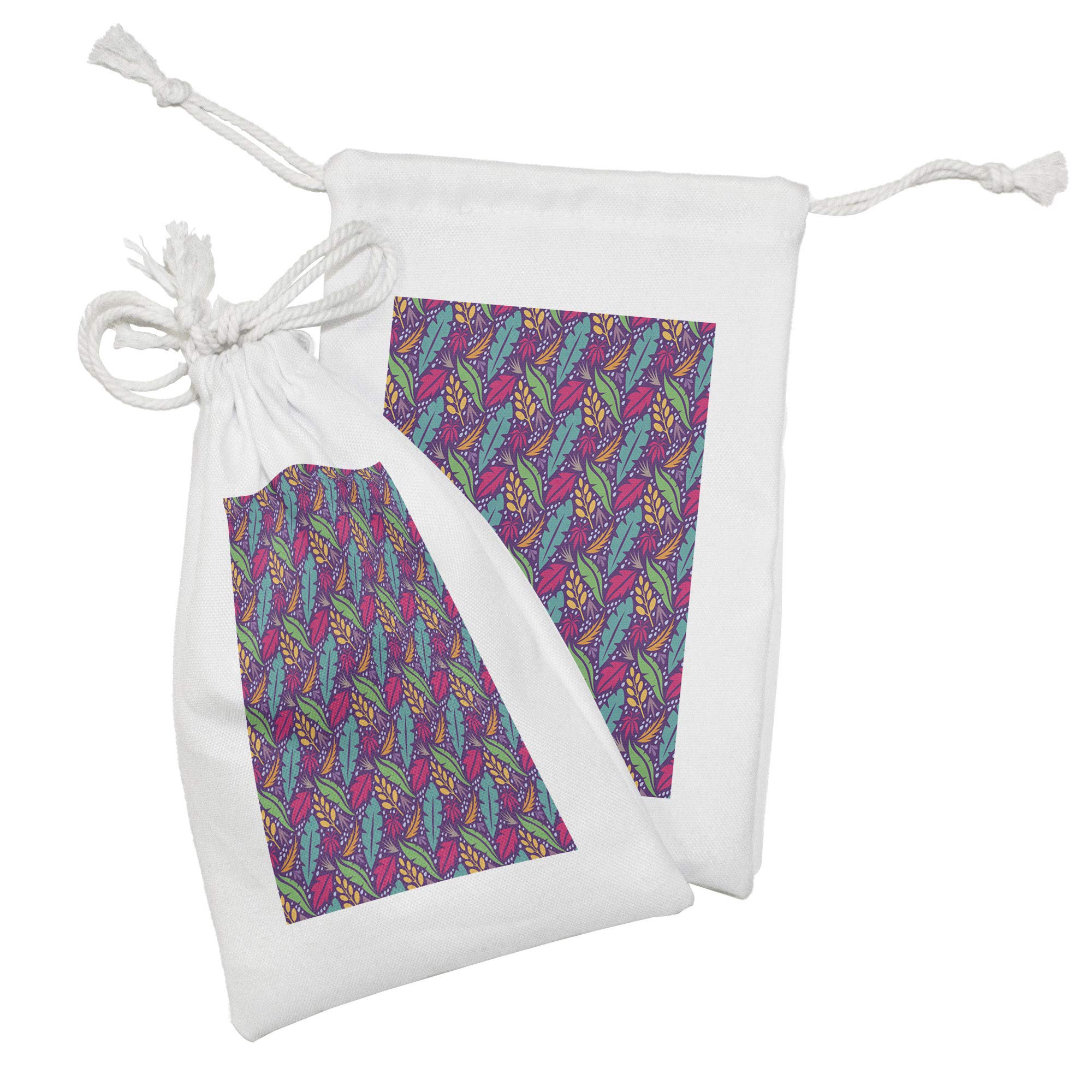 Ambesonne 2-Pack Botanical Fabric Pouches - Exotic Plant Leaves Abstract Art Drawstring Bags for Toiletries, Masks & Favors (9