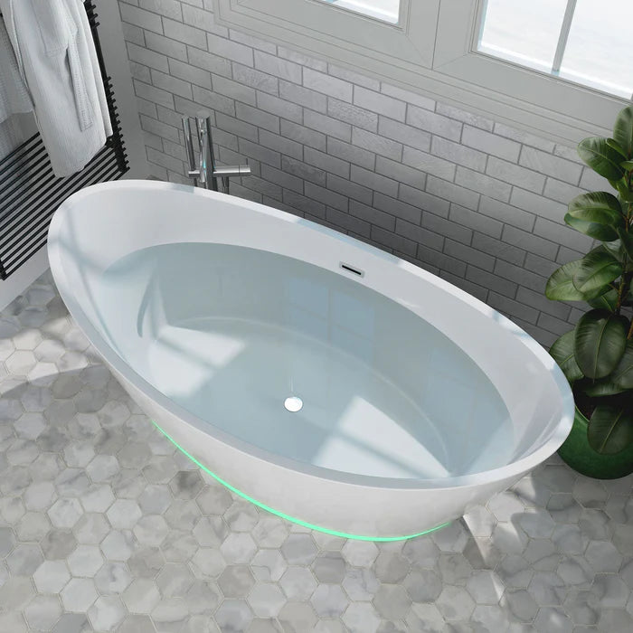 Empava 59-Inch Freestanding Soaking Bathtub with 7-Color LED Lights & Wireless Remote Control - Oval Center Drain Bathtub for Luxury Bathroom Spa Relaxation