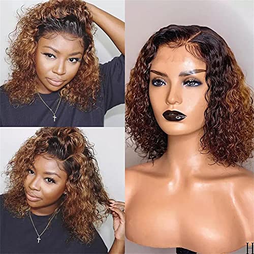 Stylqueen Ombre 10 Inch Short Bob Wig - 13x4x1 Water Wave T-Part Lace Front Human Hair Wig - Brazilian Virgin Hair in Brown Blonde - Pre Plucked Baby Hair & 150% Density - Perfect for Daily Wear, Cosplay & Special Occasions