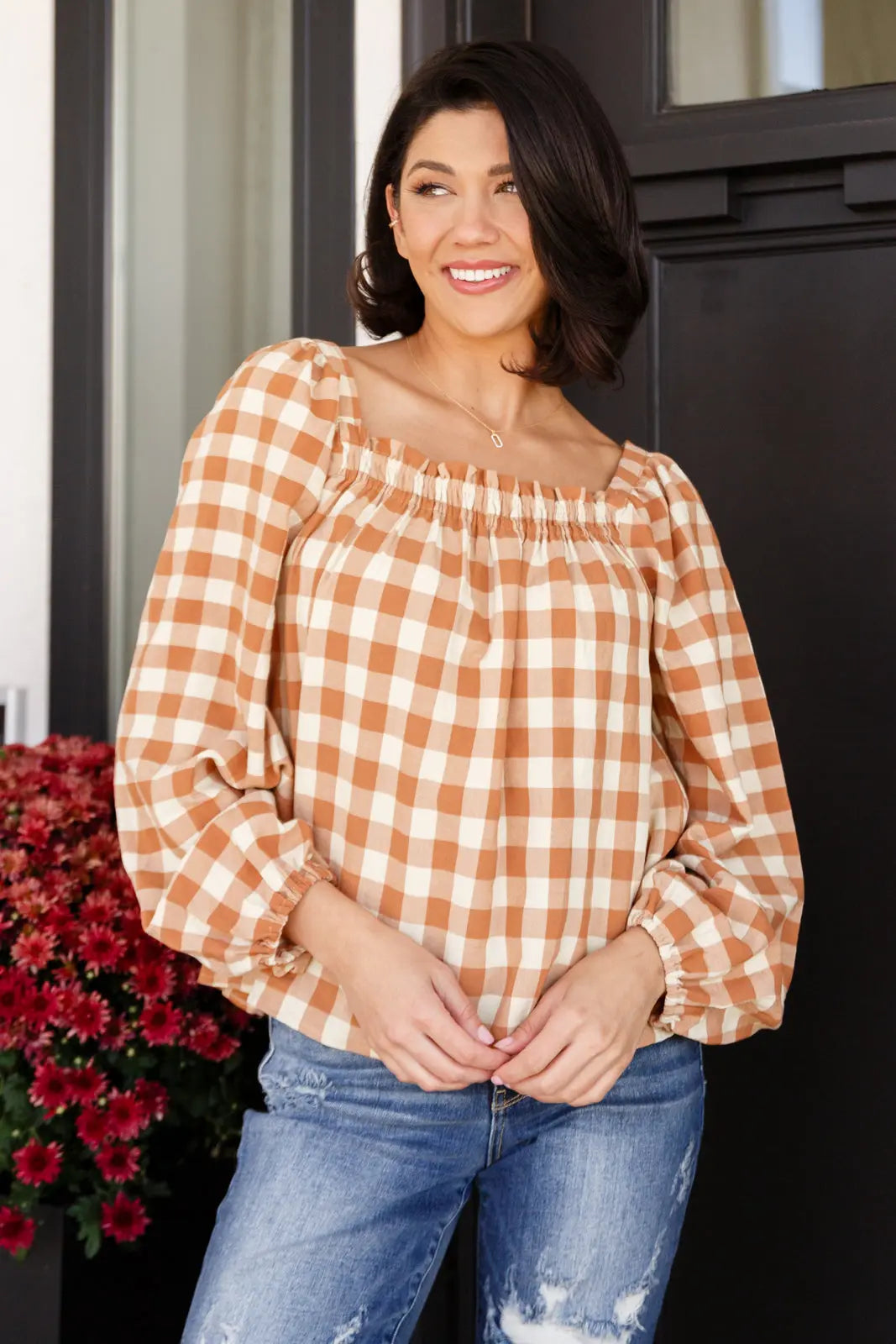 Stylish One Fine Afternoon Gingham Plaid Top in Caramel - Perfect for Casual Outings, Picnics & Summer Fashion