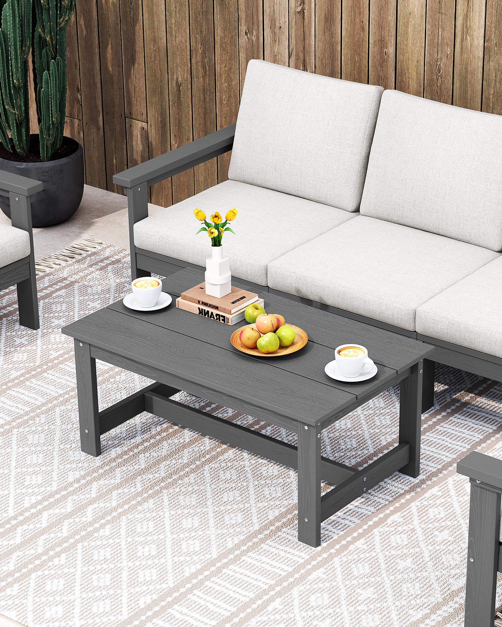 SERWALL HDPE Rectangle Outdoor Coffee Table - All-Weather Patio Side Table for Balcony, Poolside, Deck & Garden - Durable Gray Outdoor Furniture for Backyard, Porch & Pool Area Relaxation
