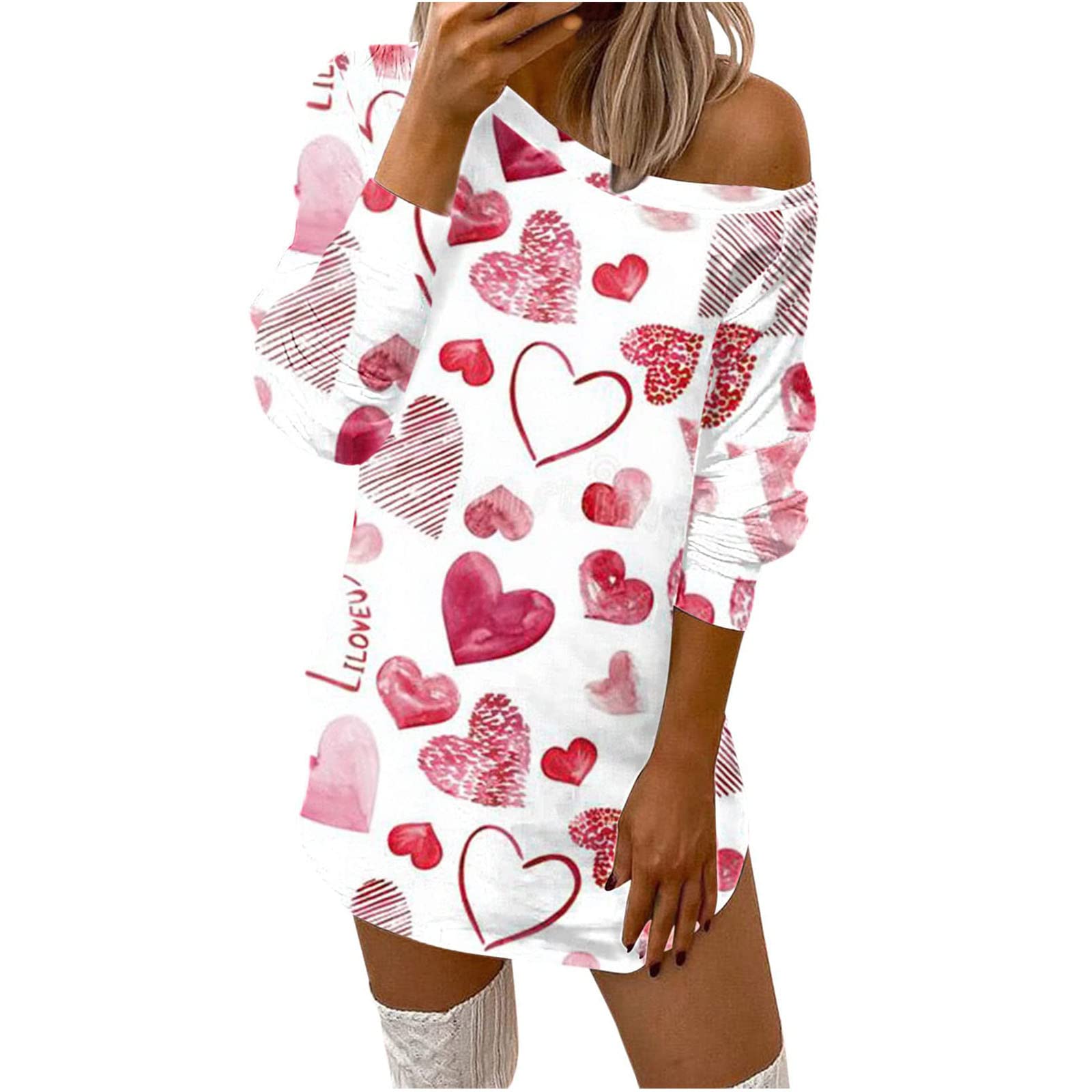 Jsarle Women's Sexy Off Shoulder Heart Print Long Sleeve Mini Dress - Cocktail Party, Wedding Guest, Night Out, Date Night, Clubwear, Holiday Celebration