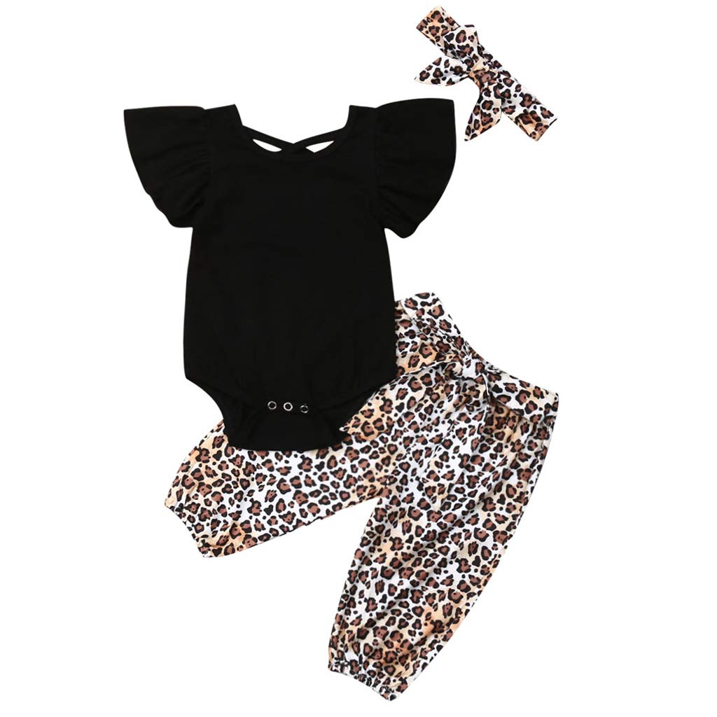 3PCS Newborn Baby Girl Clothes Set - Fly-Sleeve Tops & Leopard Print Long Pants Outfit Sunsuit for Summer, Photoshoot, and Daily Wear