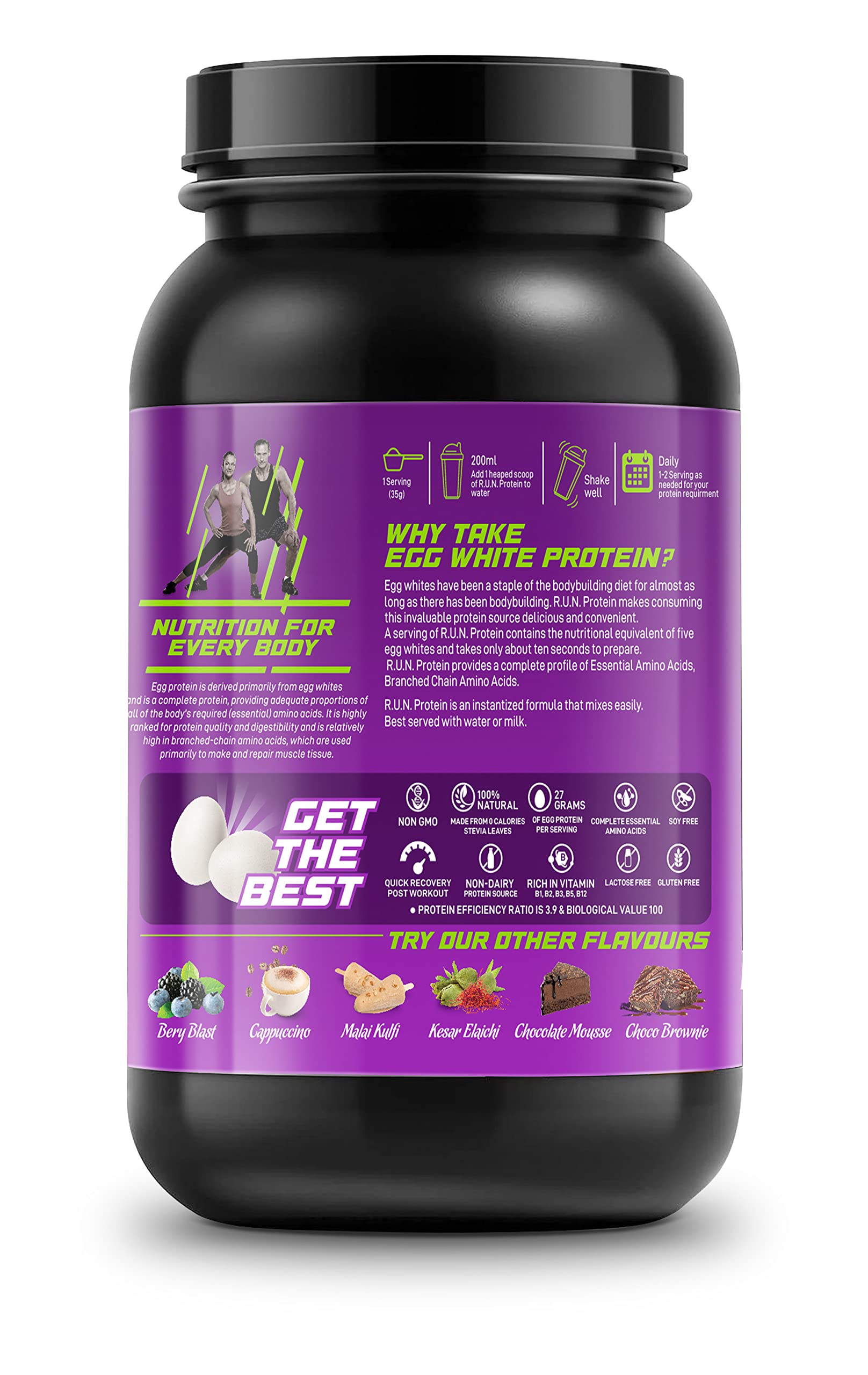 R.U.N-RISE UP NUTRITION Egg White Protein Powder for Athletes & Fitness | 27g Protein, 14g EAA | Lactose, Soy & Gluten Free | Dark Chocolate Flavor (1kg) - Supports Muscle Recovery & Immunity for Gym, Workout & Post-Training