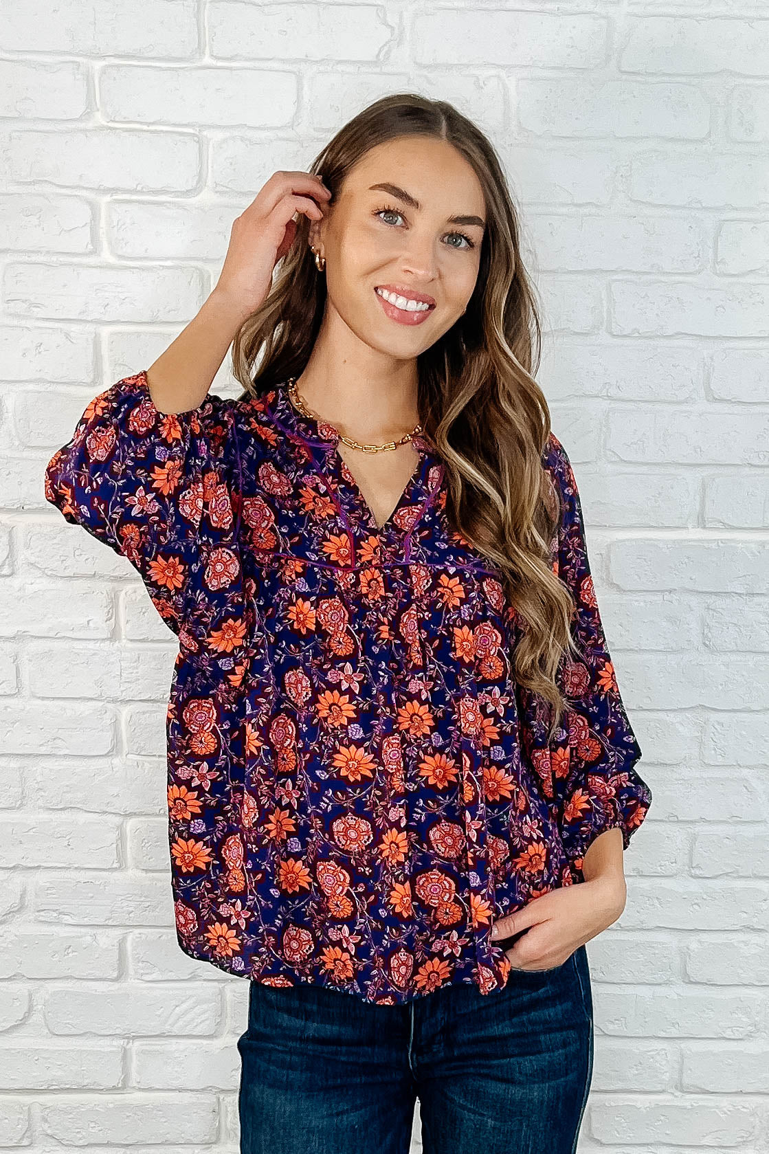 Hiterto Unknown Floral Babydoll Blouse - Women's Elegant Floral Print Top for Casual Wear & Date Nights