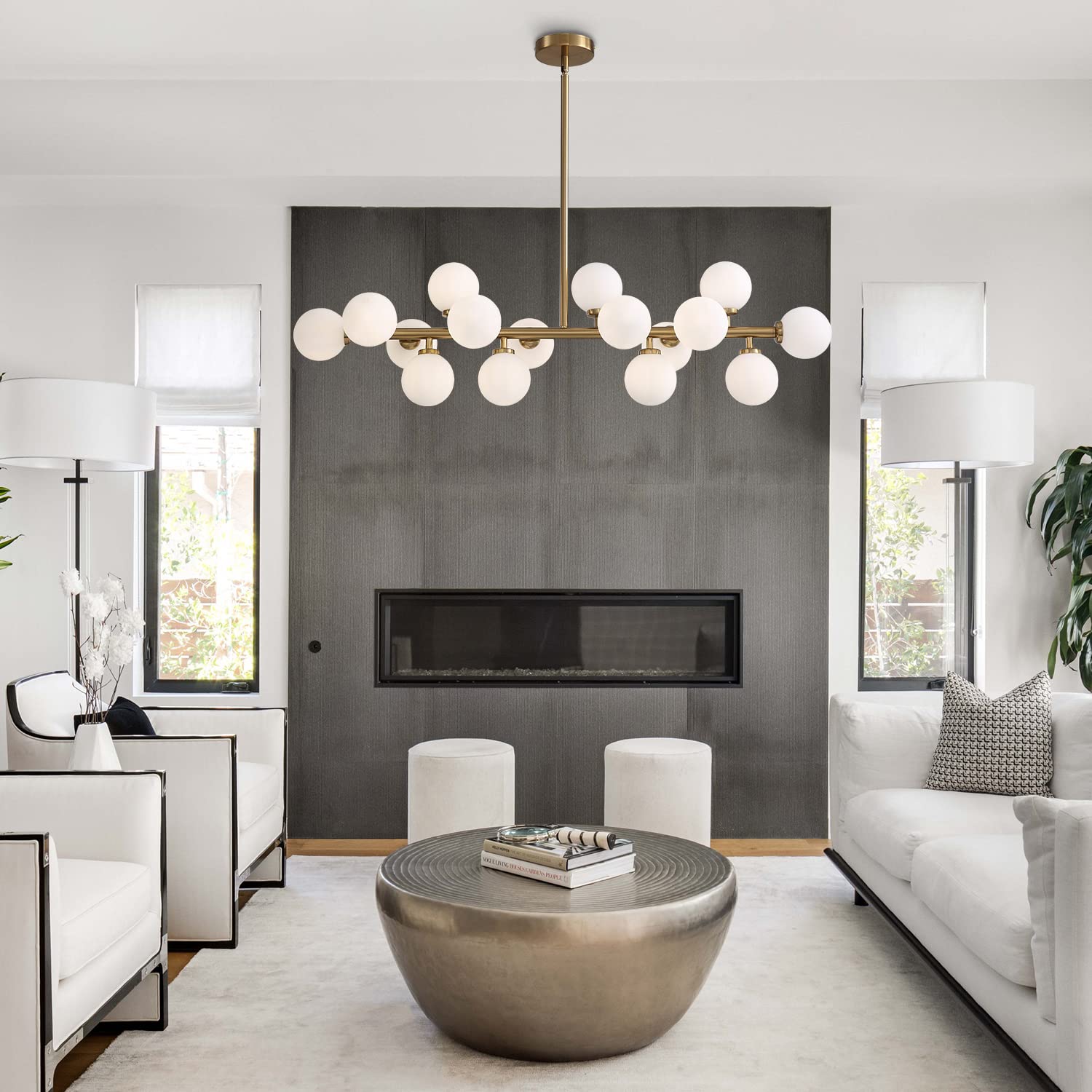 Mid Century Modern Gold Dining Room Chandelier - 16-Light Linear Pendant Lighting with White Glass Globe Shades for Kitchen Island, Dining Table & Living Room | Elegant Vintage Ceiling Light Fixture