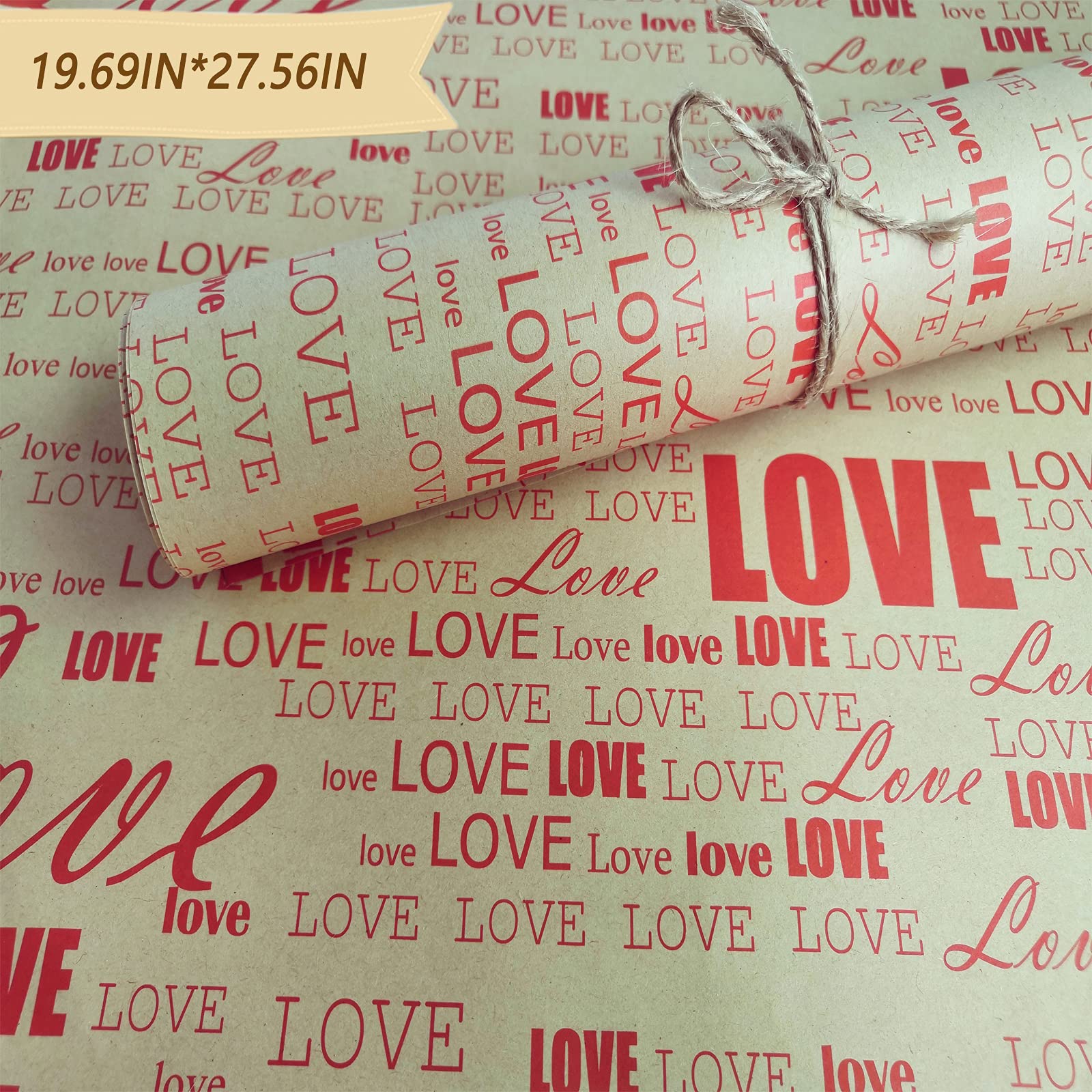 DAWN FLAME 20 Sheets Kraft Wrapping Paper - Printed LOVE Floral Design for Gift, Book, Photo Backdrop (19.69x27.56 Inches, Red) - Perfect for Valentine's Gifts, Scrapbooking & DIY Craft Projects