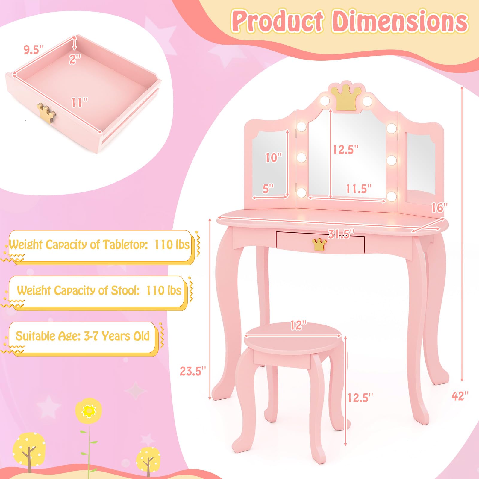 GLACER Pink Wooden Princess Makeup Vanity Set with Mirror, Stool & LED Lights - 2-in-1 Kids Vanity Desk with 3 Lighting Modes, Storage Drawer & Chair - Perfect for Bedroom Decor, Birthday Gifts & Pretend Play for Girls Ages 3-8