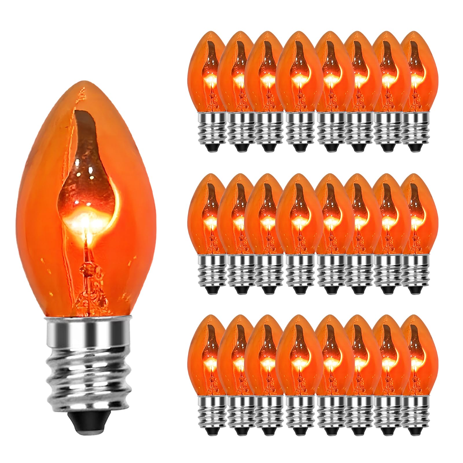 25 Pack Orange Flame Light Bulbs - 120V 1W E12/C7 Candelabra Base - Flickering Orange LED Bulbs for Chandeliers, Ceiling Fans, Wall Sconces - Perfect for Halloween Decor, Christmas Lights, Party & Home Ambiance Lighting
