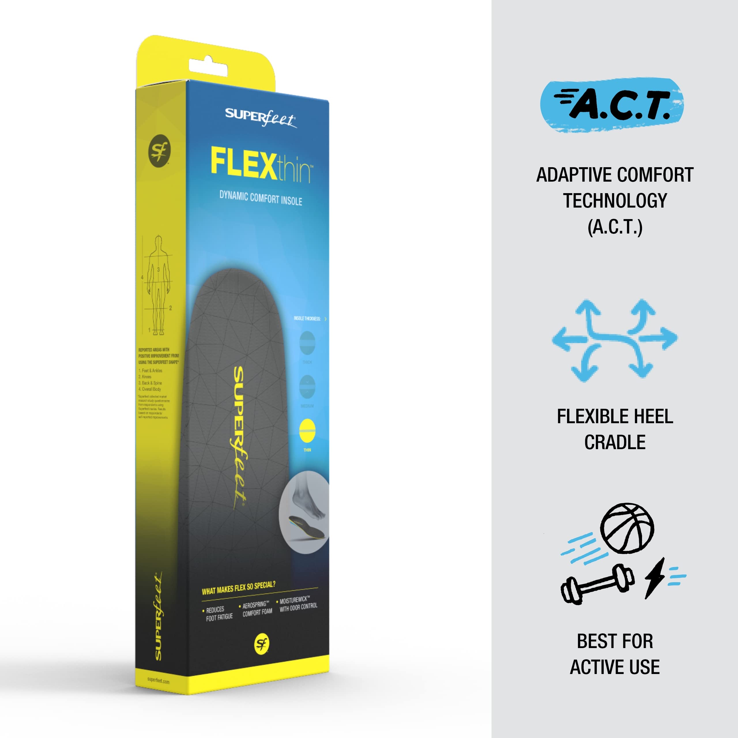 Superfeet FLEXTHIN Comfort Foam Insoles for Running, Walking & Workout Shoes - Arch Support for Men (2.5-5) & Women (4.5-6) - Ideal for Gym, Hiking & Everyday Comfort