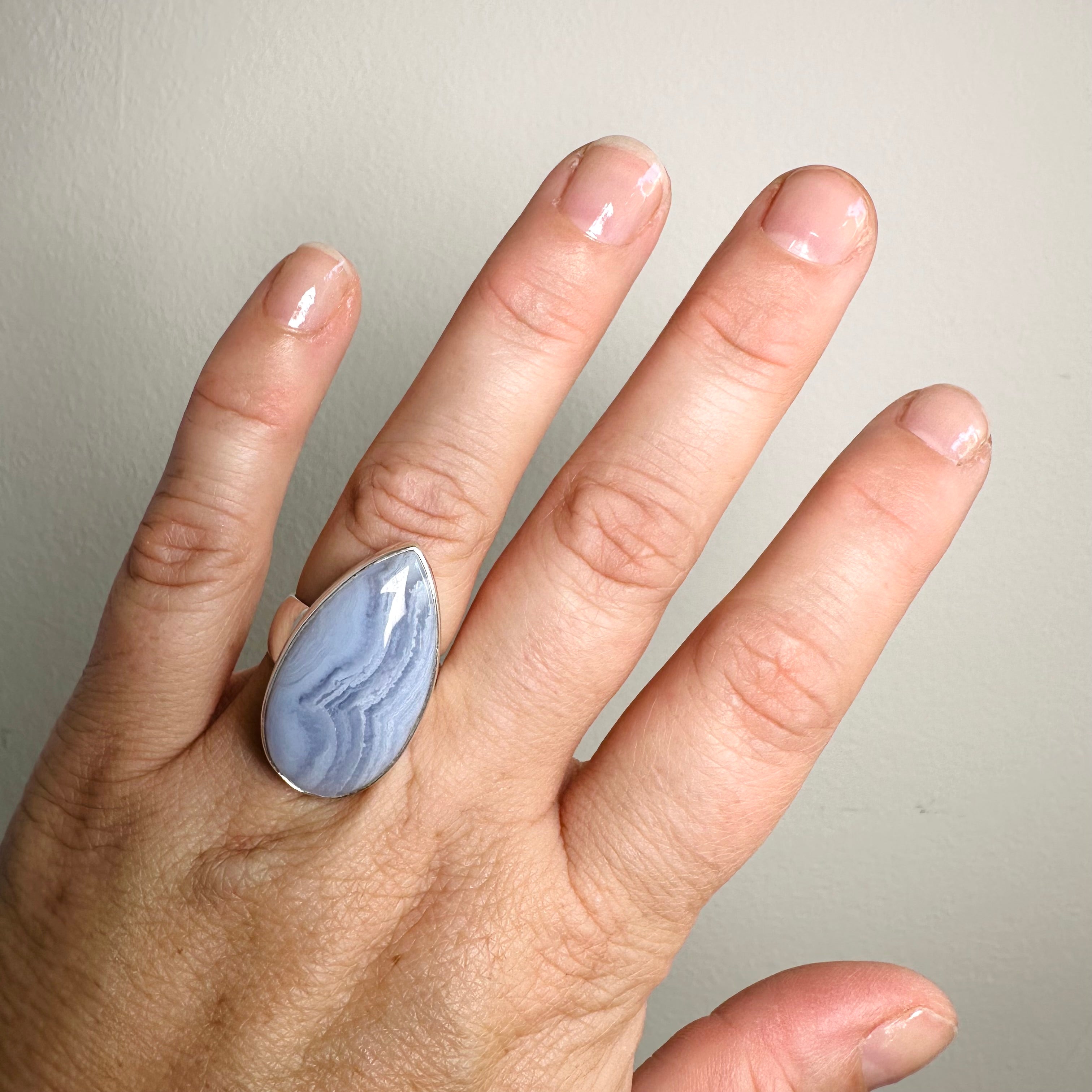 Blue Lace Agate Teardrop Cabochon Ring - Size 7 - Handmade Sterling Silver Jewelry - Perfect for Boho Fashion & Gift Giving