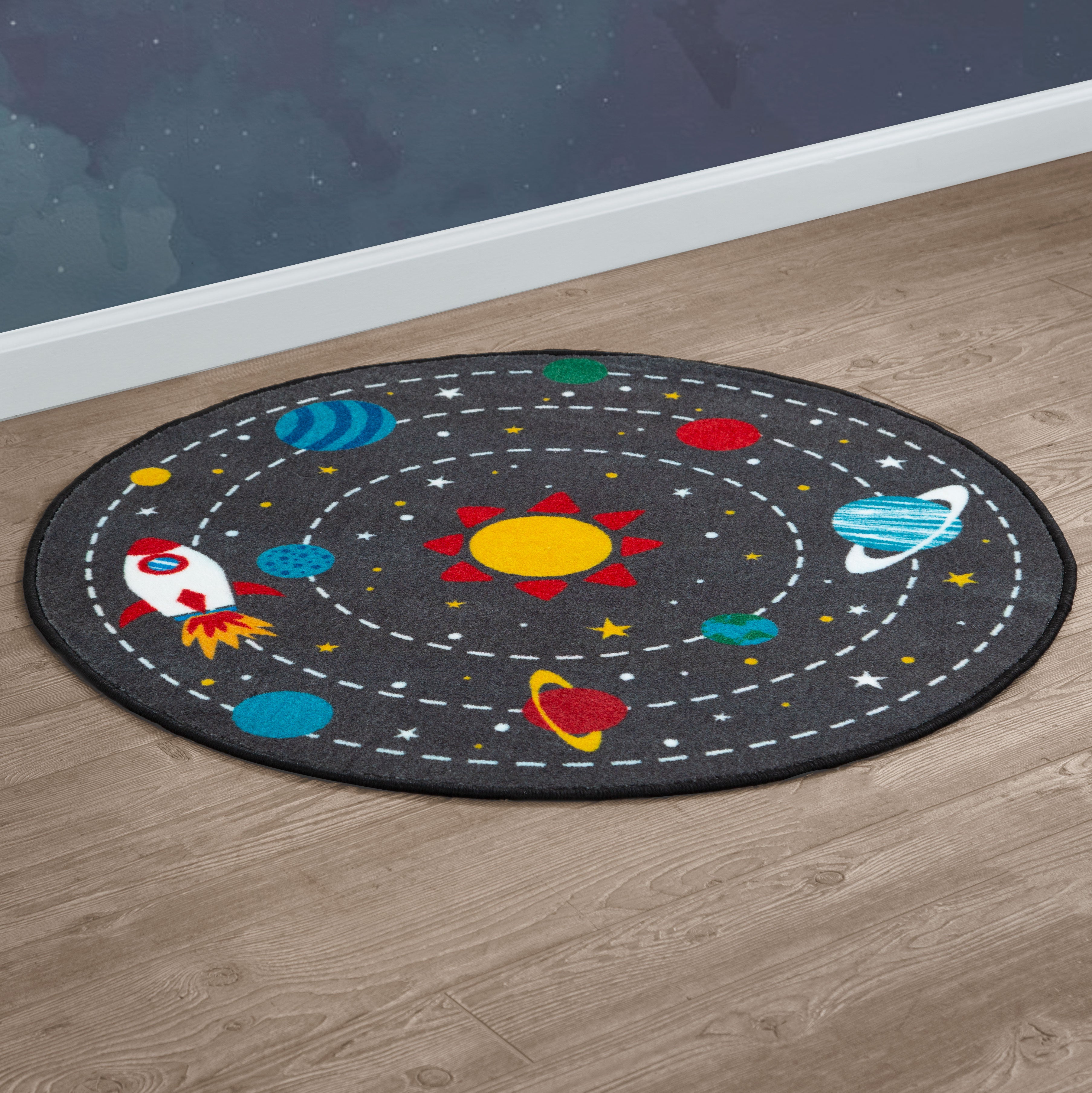 Kids Outer Space Themed Round Area Rug - 39 Inch Diameter, Non-Slip Playroom Carpet for Bedroom & Nursery Decor
