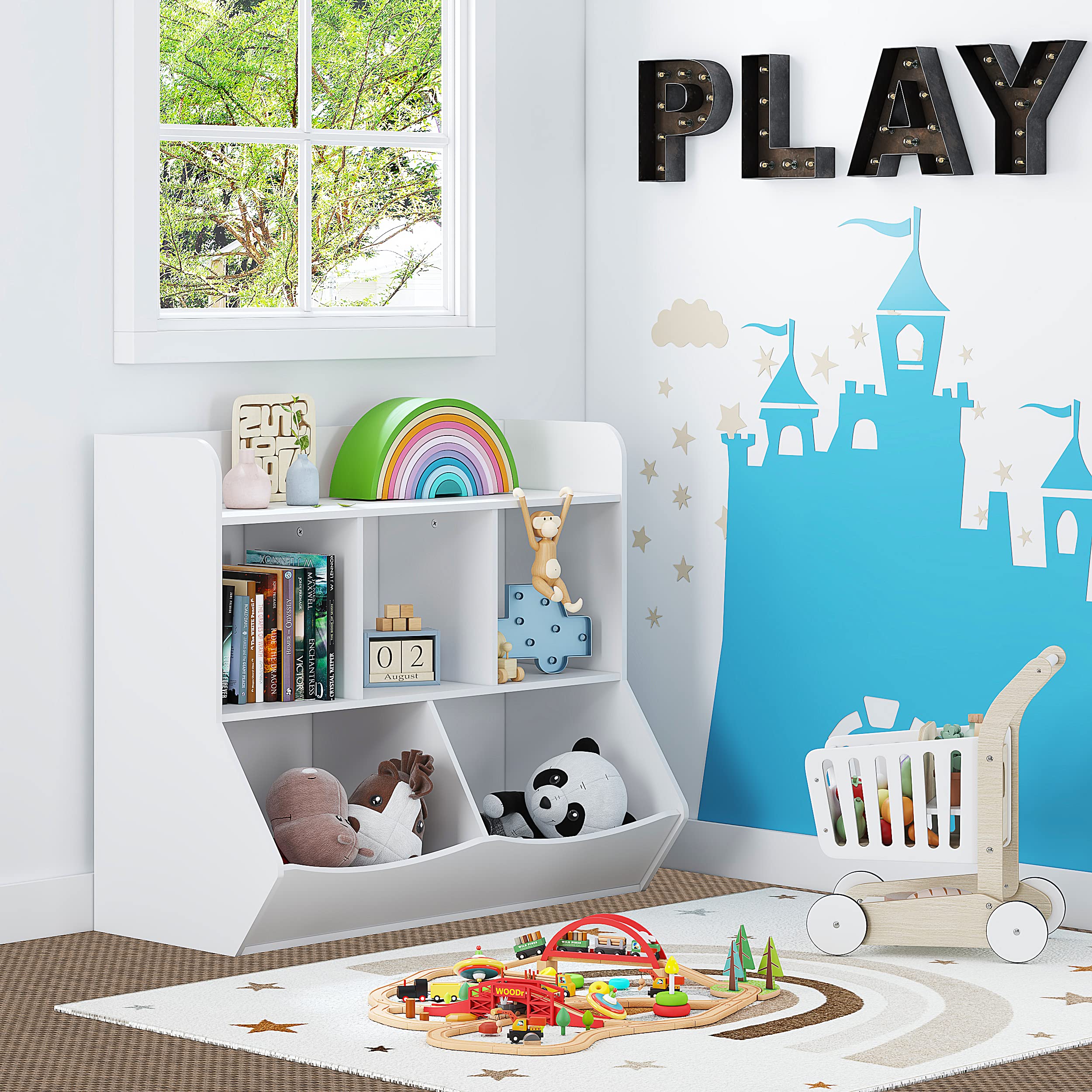 UTEX Kids Toy Storage Organizer with Bookcase - 6-Shelf Cubby Organizer for Books, Toys & Games - Perfect for Playroom, Bedroom & Nursery - White (Space-Saving Kids Furniture)