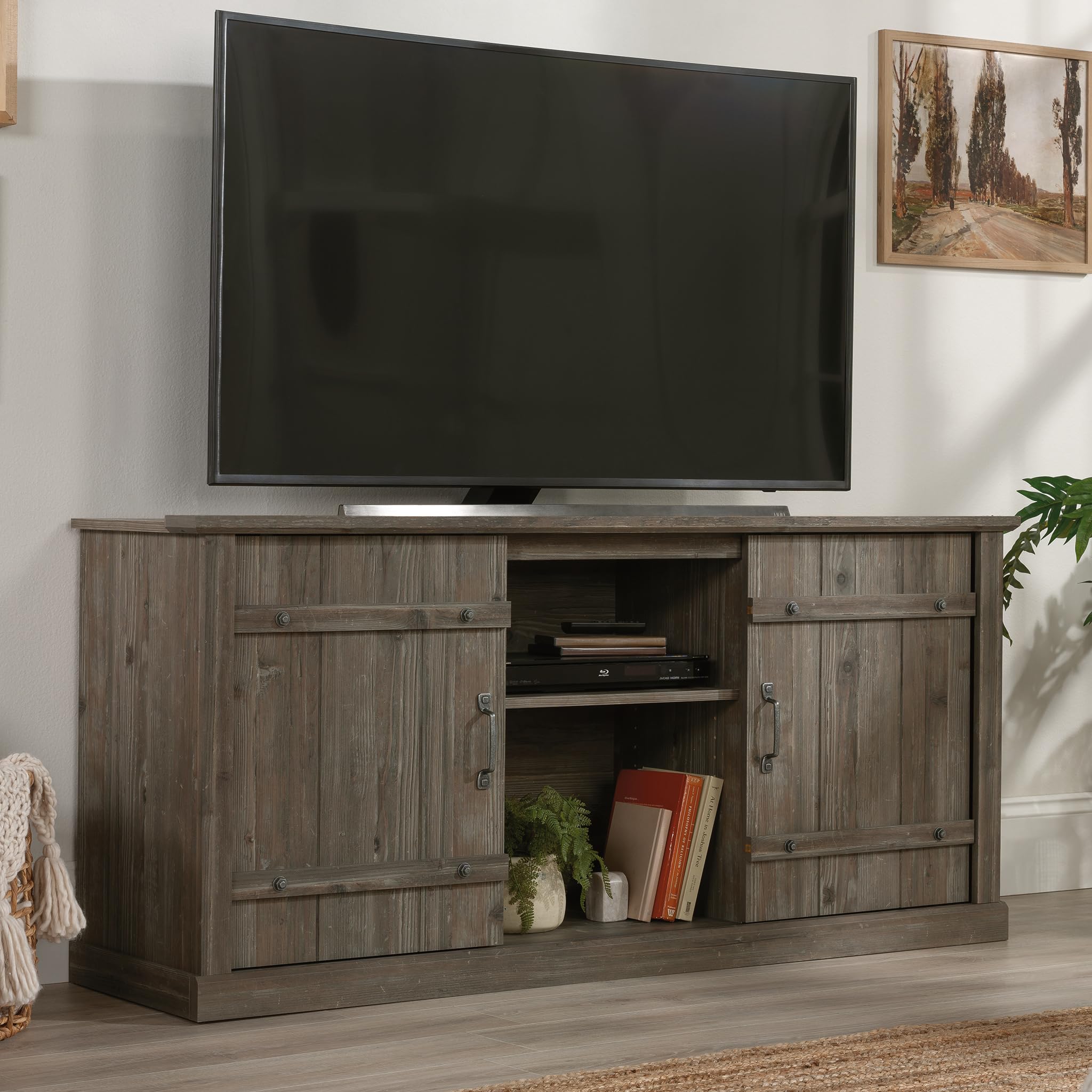 Sauder Entertainment Credenza TV Stand with Storage - Pebble Pine Finish for Living Room, Bedroom, or Home Theater