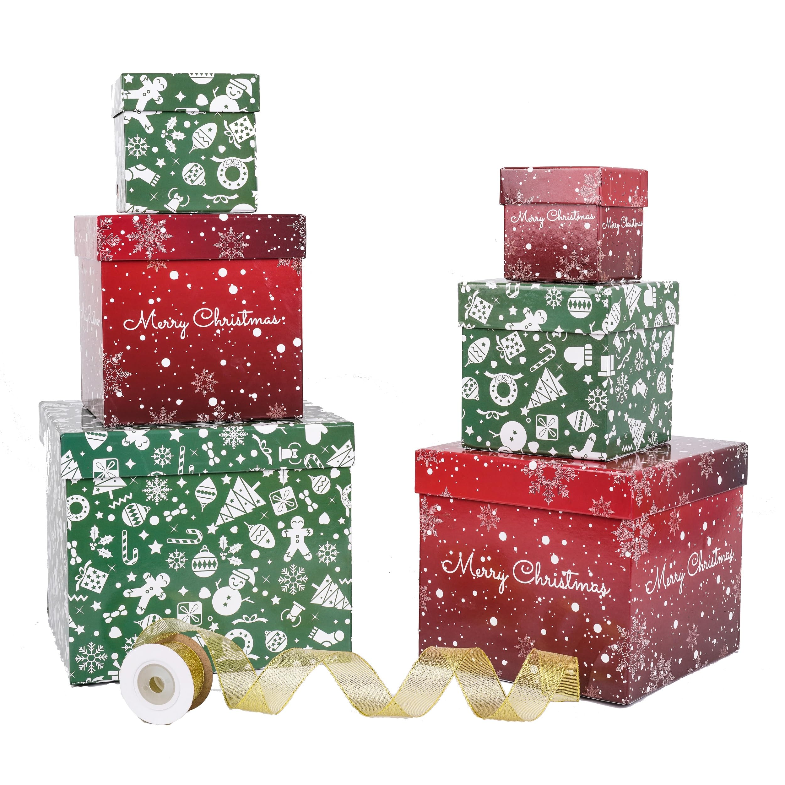 Lyforpyton 6PCS Christmas Nesting Gift Boxes with Lids - Red & Green Stackable Xmas Nested Box Set for Holiday Packaging | Perfect for Christmas, New Year Gifts, Party Favors & Home Decor