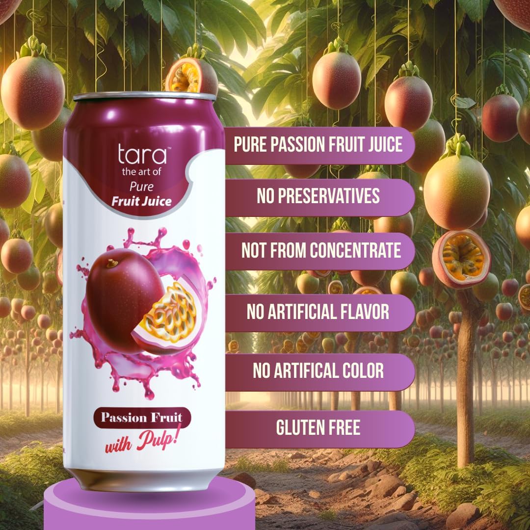 Tara Beverages 100% Pure Passion Fruit Juice with Pulp - No Added Sugar, No Preservatives, Natural Refreshment - 16.9 fl.oz (12 Pack) - Perfect for Breakfast, Smoothies & Healthy Hydration