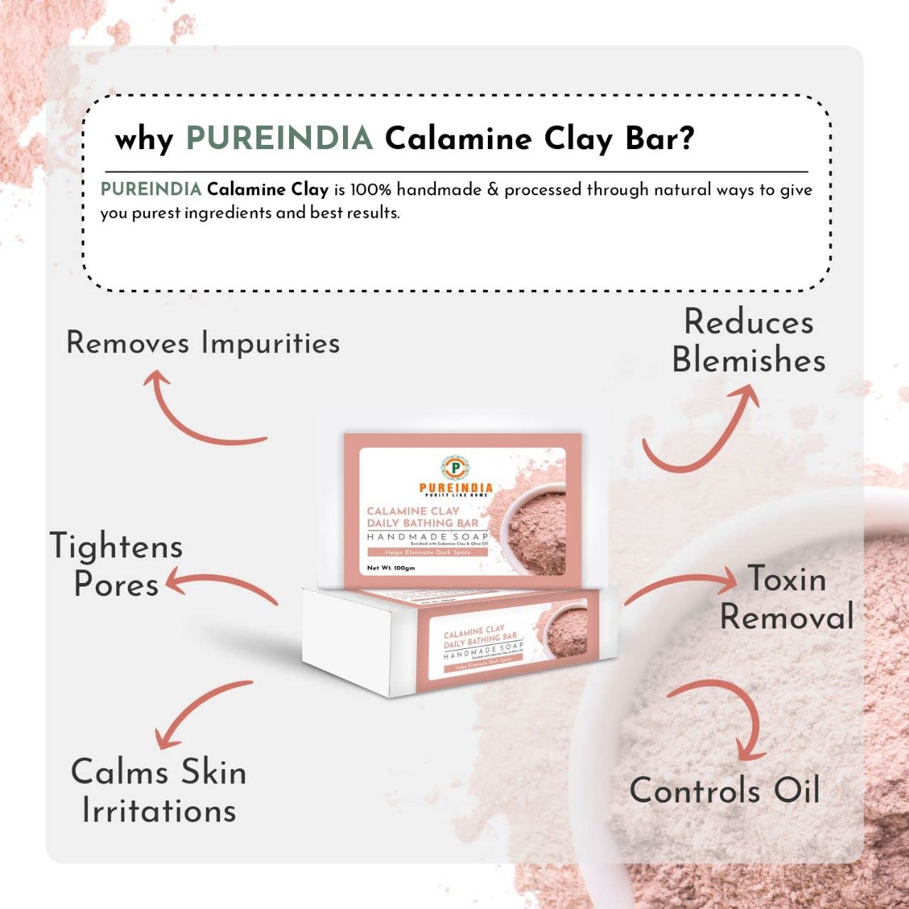 PureIndia Handmade Calamine Clay Soap Bar for Acne, Oily Skin & Sensitive Skin - Natural Exfoliating & Cleansing Bar (Pack of 3, 100g Each) - Perfect for Daily Skincare Routine & Spa Bathing