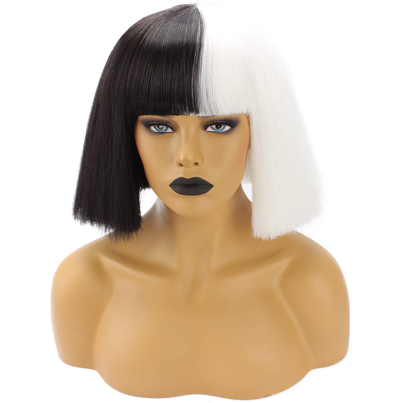 Halloween Wigs for Women - Short Bob Kinky Straight Synthetic Wig with Full Bangs in Black & White | Perfect for Cosplay, Costume Parties & Halloween Events