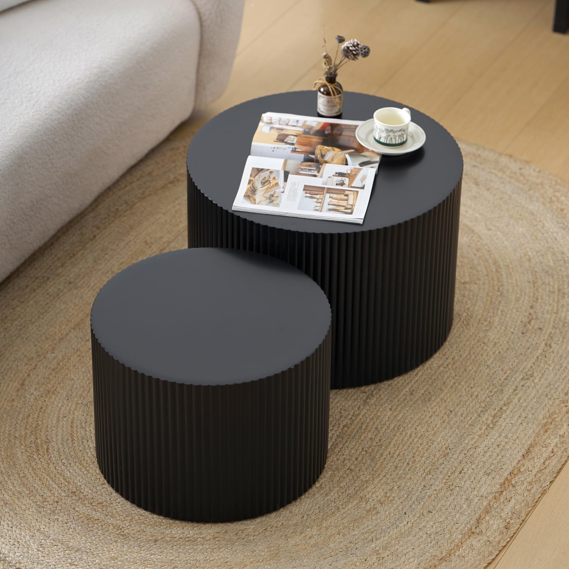Modern Drum Nesting Coffee Table Set of 2 - Round Wave Stripe Side End Tables for Living Room & Bedroom - Black - Perfect for Small Spaces & Contemporary Home Decor