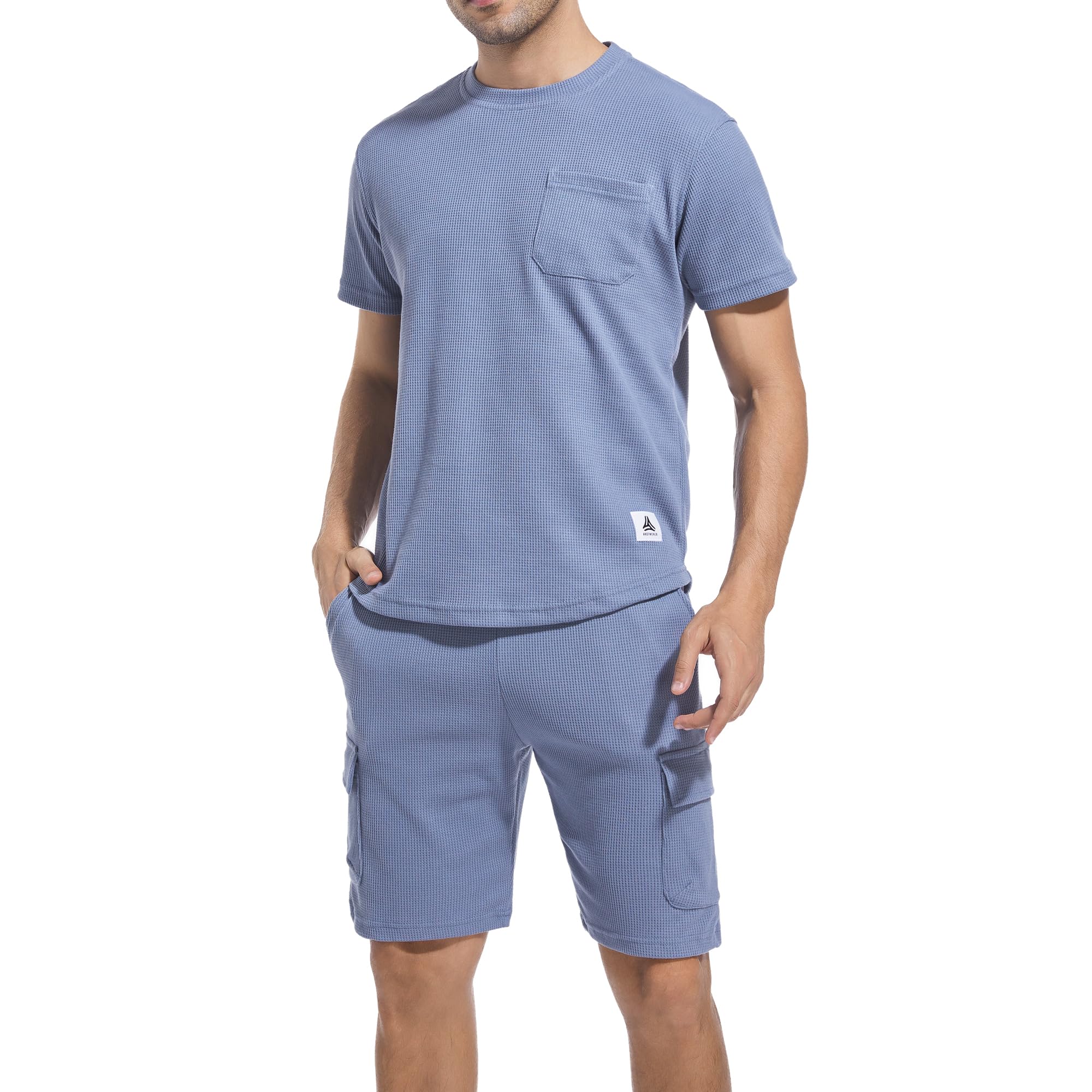 ANOTWENER Men's 2-Piece Casual Waffle Knit T-Shirt & Shorts Set - Summer Beach Vacation Outfit for Relaxing, Travel & Outdoor Activities