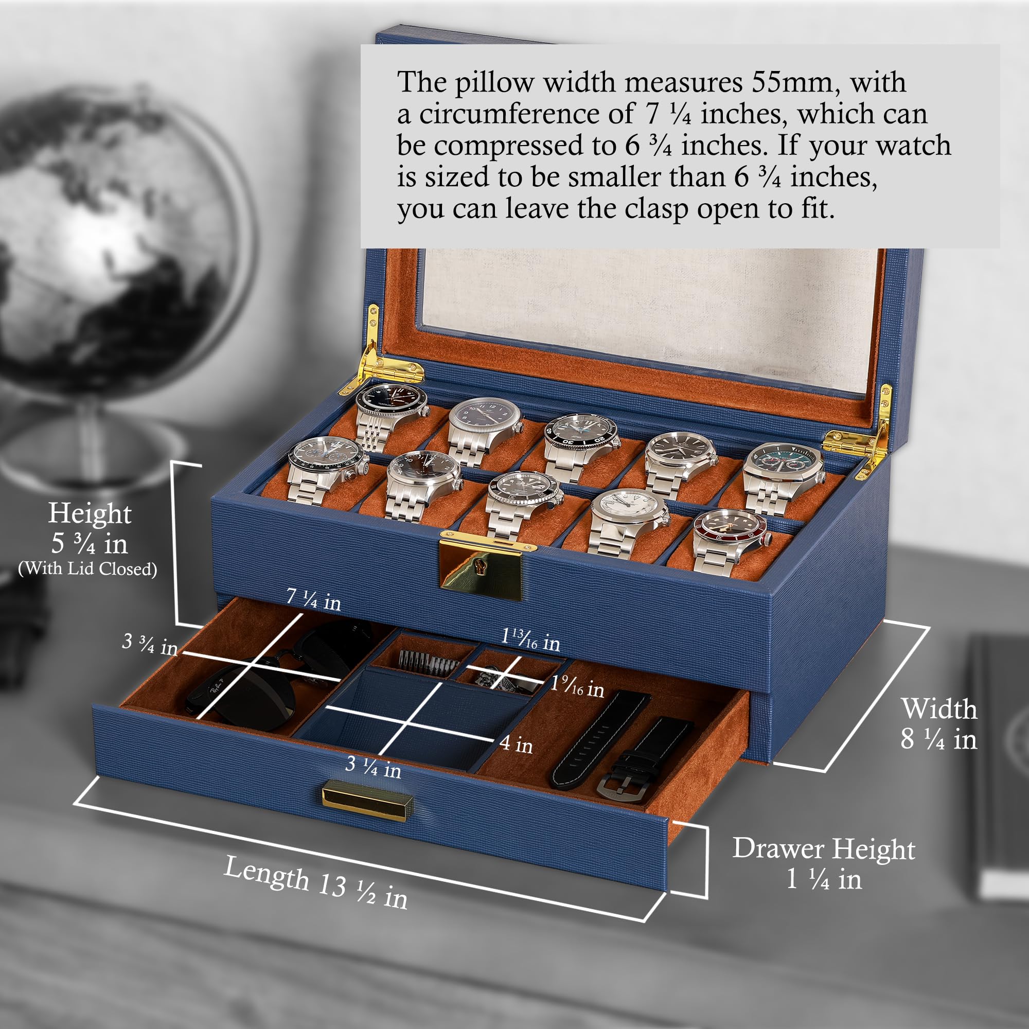 Premium ROTHWELL 10-Slot Leather Watch Box with Valet Drawer - Luxury Watch Case Organizer with Soft Microsuede Liner, Jewelry & Sunglass Storage - Large Glass Top Display (Blue/Tan) - Perfect for Watch Collectors, Travel & Gift Giving