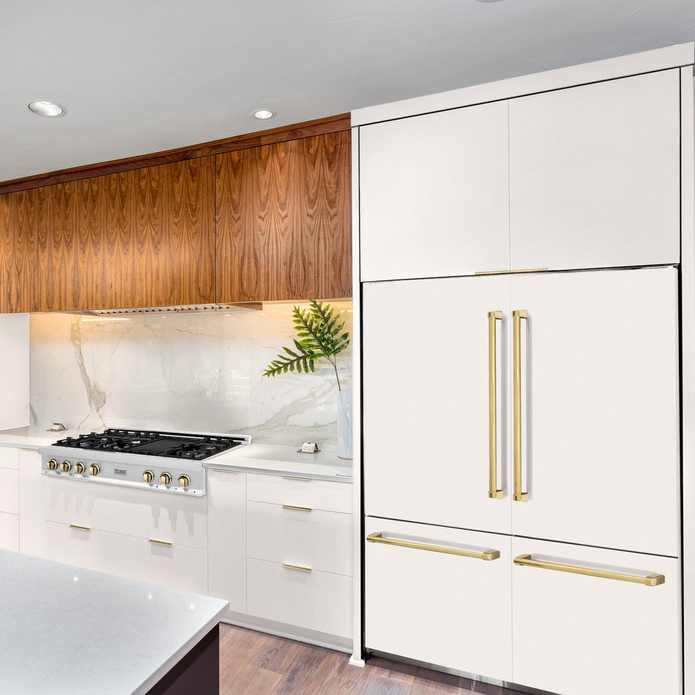 ZLINE Autograph Edition 60-Inch French Door Refrigerator with Bottom Freezer - 32.2 cu.ft Capacity, Built-In Water Dispenser & Ice Maker - White Matte Finish with Polished Gold Accents (RBIVZ WM 60 G) - Perfect for Modern Kitchens & Luxury Homes