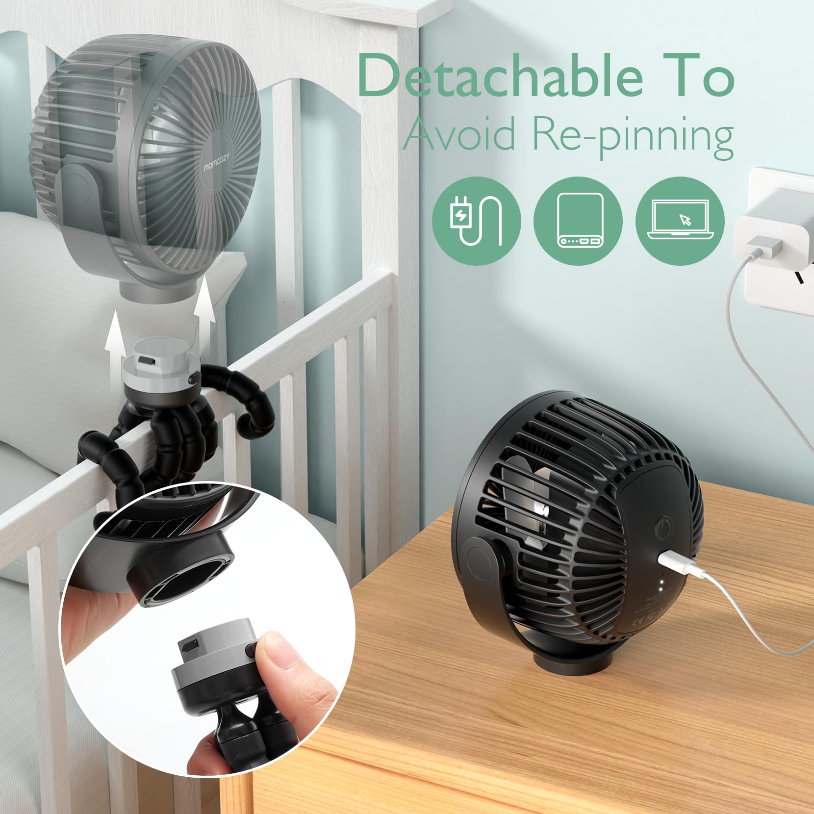 Momcozy Portable Stroller Fan with 27H Battery Life - 4 Speed 360° Rotating, USB Rechargeable, LED Night Light - Perfect for Baby Strollers, Car Seats & Travel Cooling