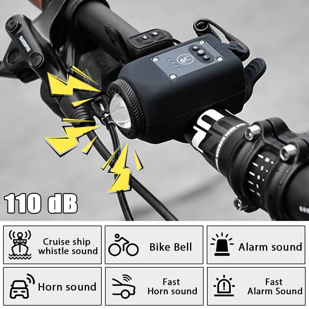 YUKI 110dB Electric Bike Horn with LED Front Light - 2-in-1 Rechargeable Bicycle Accessory, 6 Sound Modes, Waterproof for Mountain/Road Bikes - Perfect for Commuting, Night Riding & Safety Alerts (Kids/Adults)