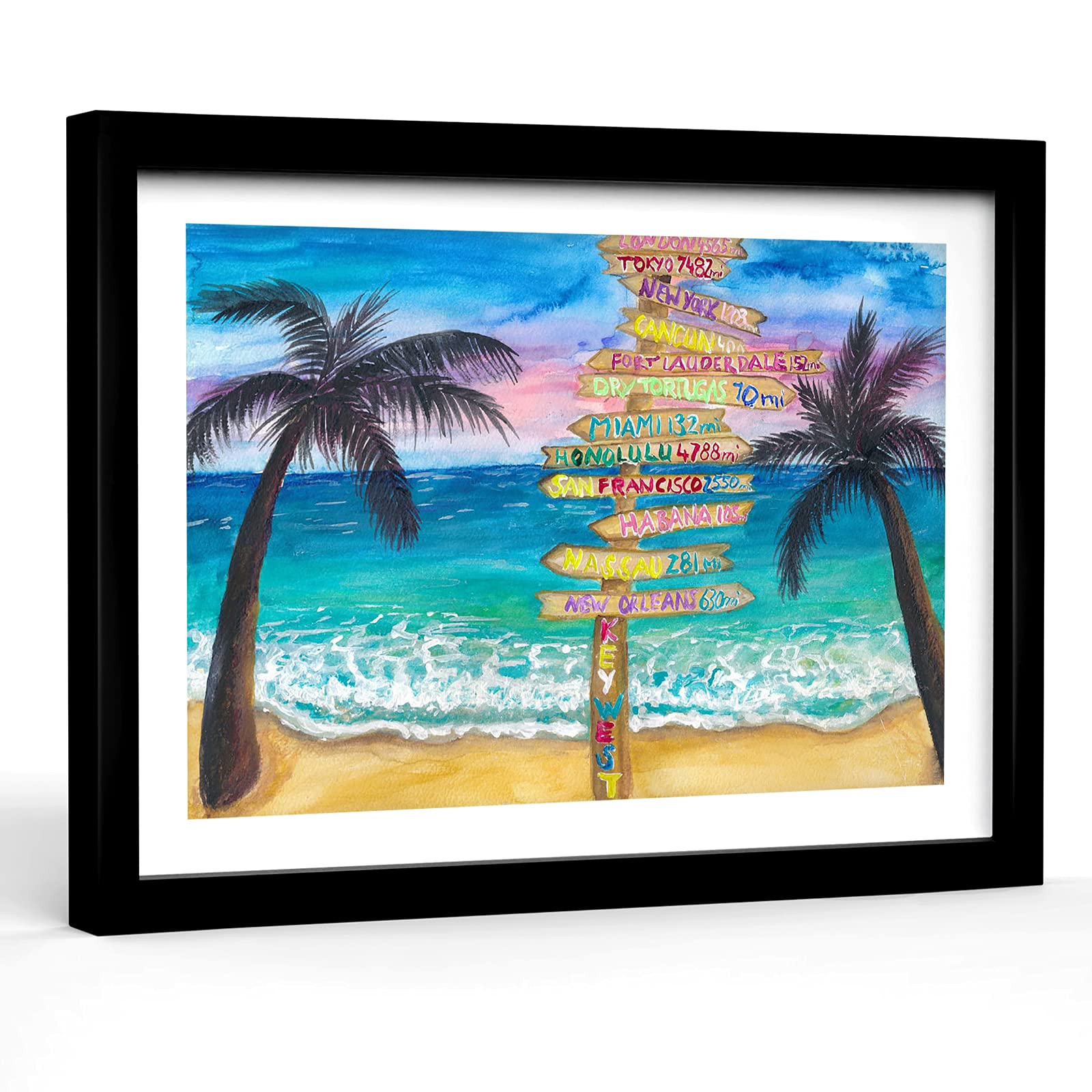 Tropical Sunset Wall Art - 16''x24'' Wood Framed Abstract Canvas Print for Teen Girls Bedroom Decor | Key West Wanderlust Signpost | Modern Plexiglass Home & Office Wall Décor - Perfect for Beach House, Dorm Room or Boho Chic Interior Design