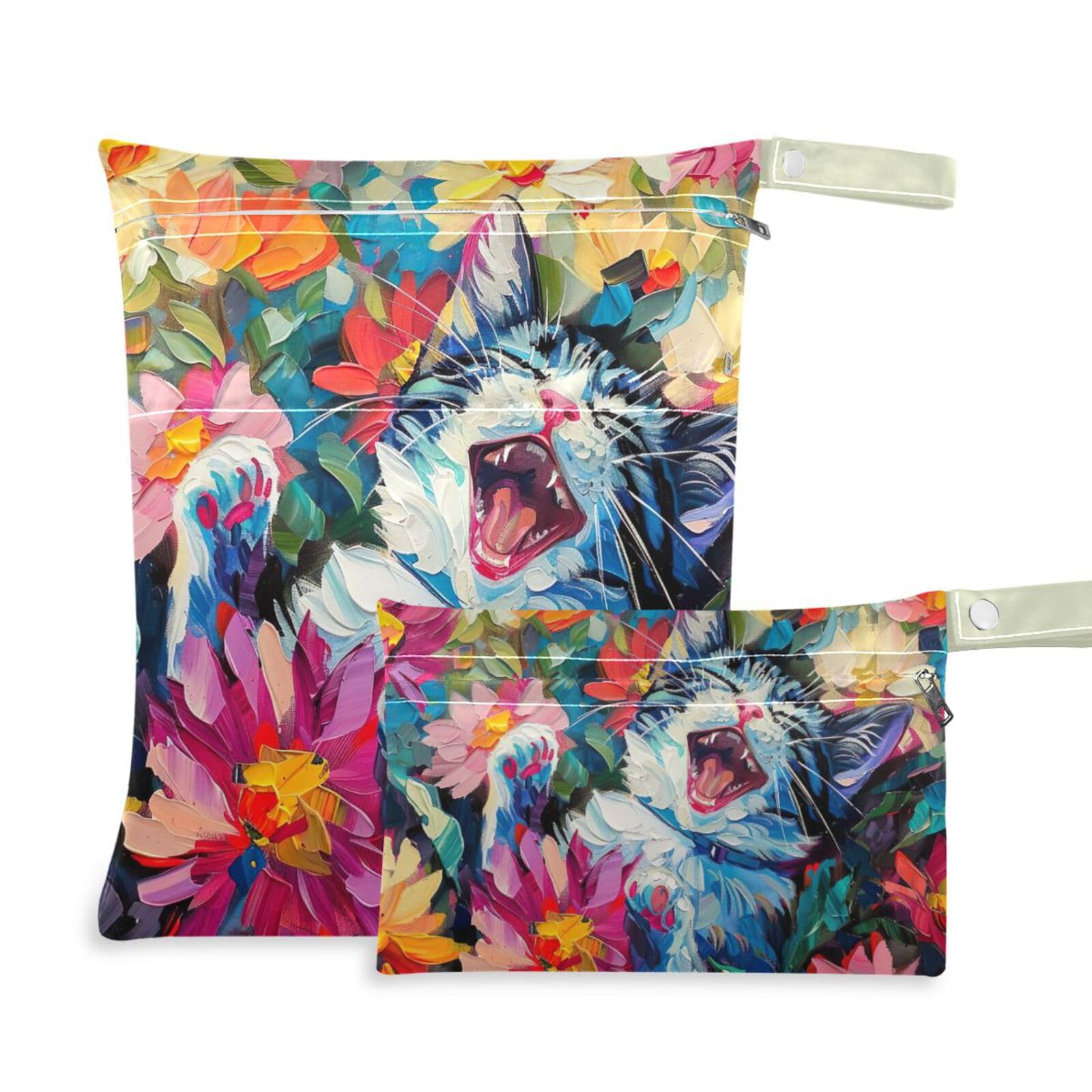 Waterproof Wet Dry Bag Set of 2 - Cat Flower Oil Painting Design for Diapers, Beach, Gym & Travel - Durable Reusable Pouch for Swimming, Baby Care & Outdoor Activities