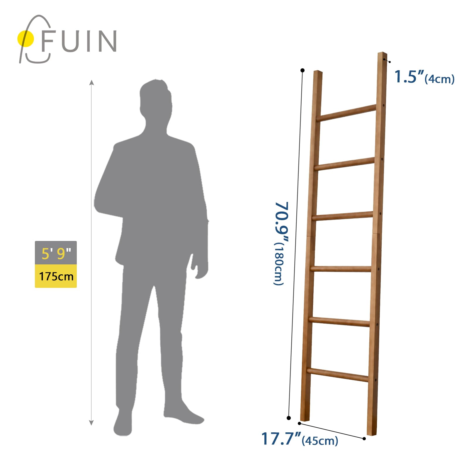 FUIN 6ft Wooden Blanket Ladder - Rustic Farmhouse Quilt & Towel Display Holder for Living Room & Bathroom Decor | Natural Wood Wall Leaning Ladder for Cozy Home & Farmhouse Style