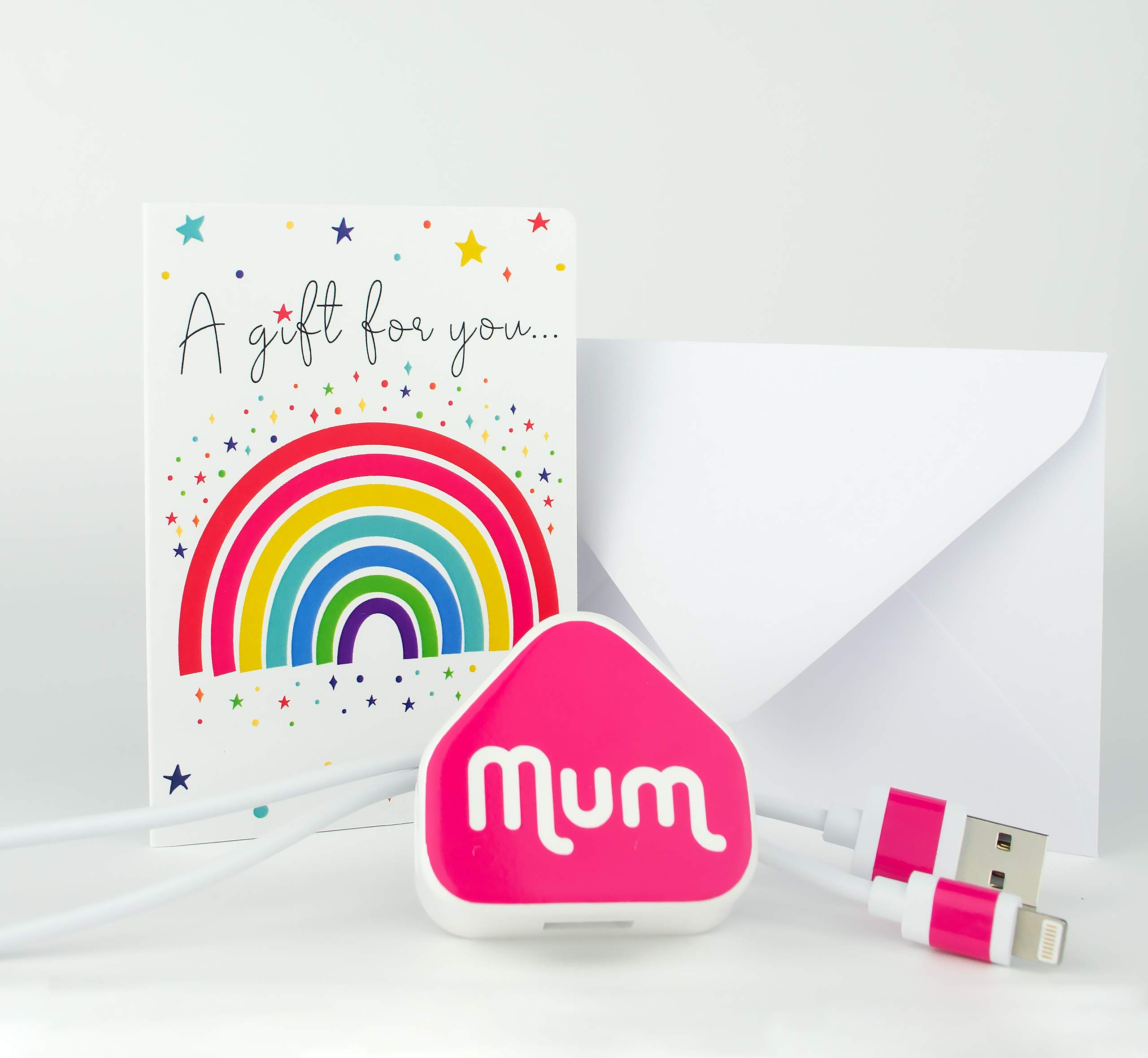 Personalized Mum Gifts - Custom Charger Sticker Set with Gift Card & Envelope - Triangle/Hot Pink Design - Perfect for Mother's Day & Birthday Presents - Great for Phone, Laptop & Tablet Chargers