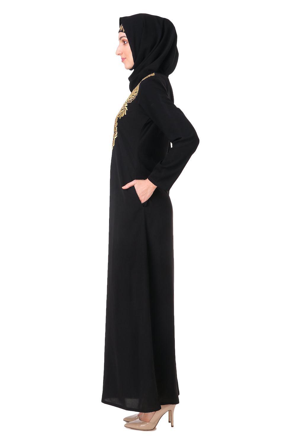 Hand Embroidered Gold & Copper Neck Abaya Dress - Elegant Islamic Modest Fashion for Women | Perfect for Eid, Weddings & Special Occasions