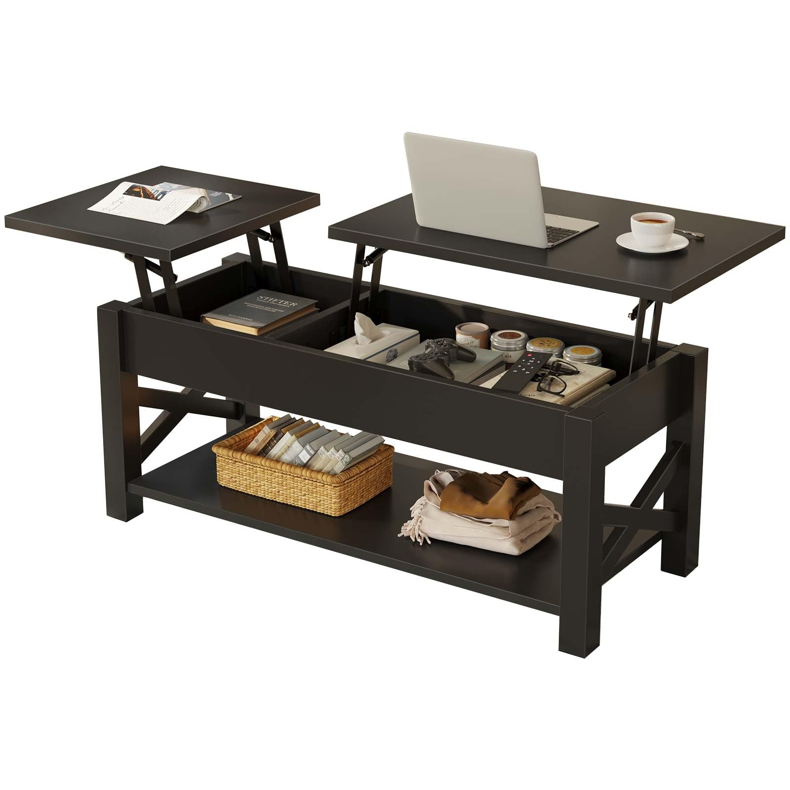 Rolanstar 47.2 Inch Lift Top Coffee Table - Farmhouse Style Center Table with Hidden Storage Compartment, Open Shelf & X-Shaped Wooden Legs for Living Room - Black | Perfect for Small Spaces, Home Decor & Coffee Lovers
