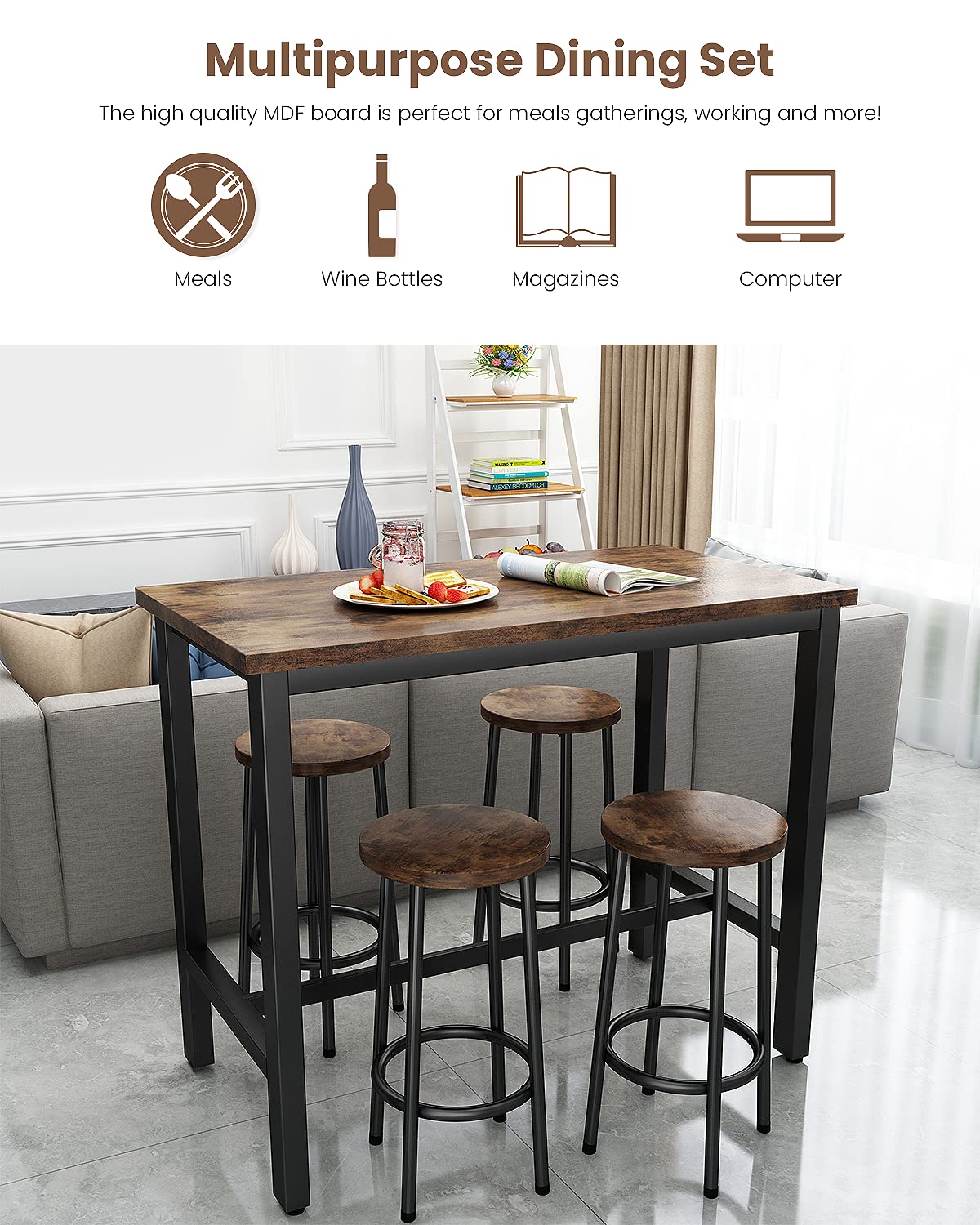 Recaceik 5-Piece Modern Wood Dining Table Set with 4 Chairs - Kitchen & Pub Bar Height Table for Breakfast Nook, Small Space Living Room - Perfect for Apartments, Condos & Cozy Home Dining