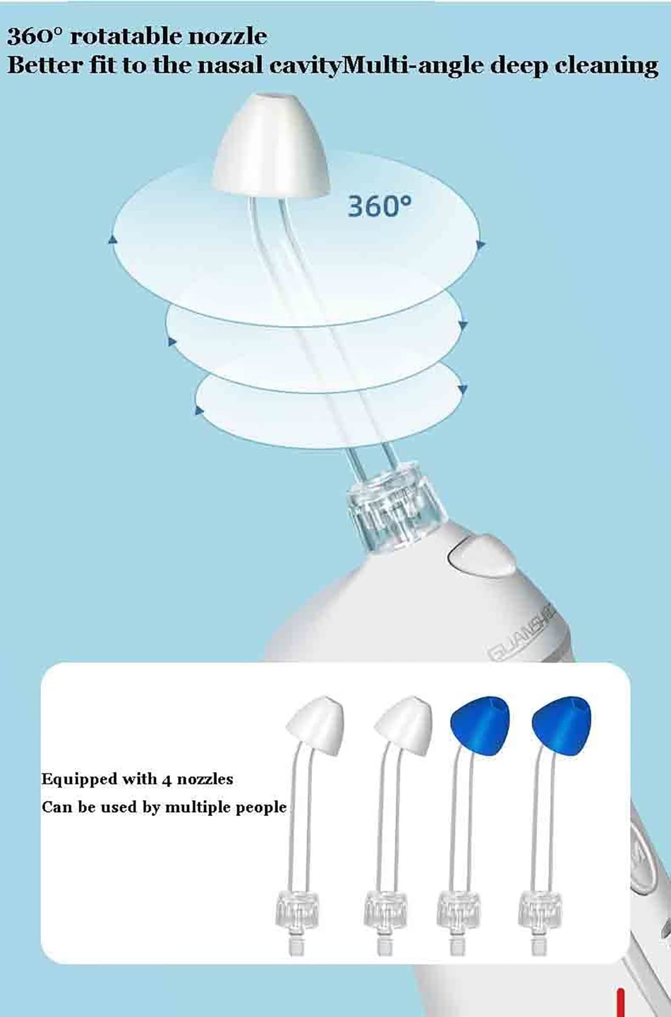 LUCEAE Electric Nasal Irrigator with 4 Nozzle Tips - 360° Rotating Nasal Cleaner, 5 Pressure Modes for Adults & Kids - Portable Sinus Rinse System for Allergy Relief, Cold & Flu Care (Perfect for Travel, Home Use & Daily Nasal Hygiene)