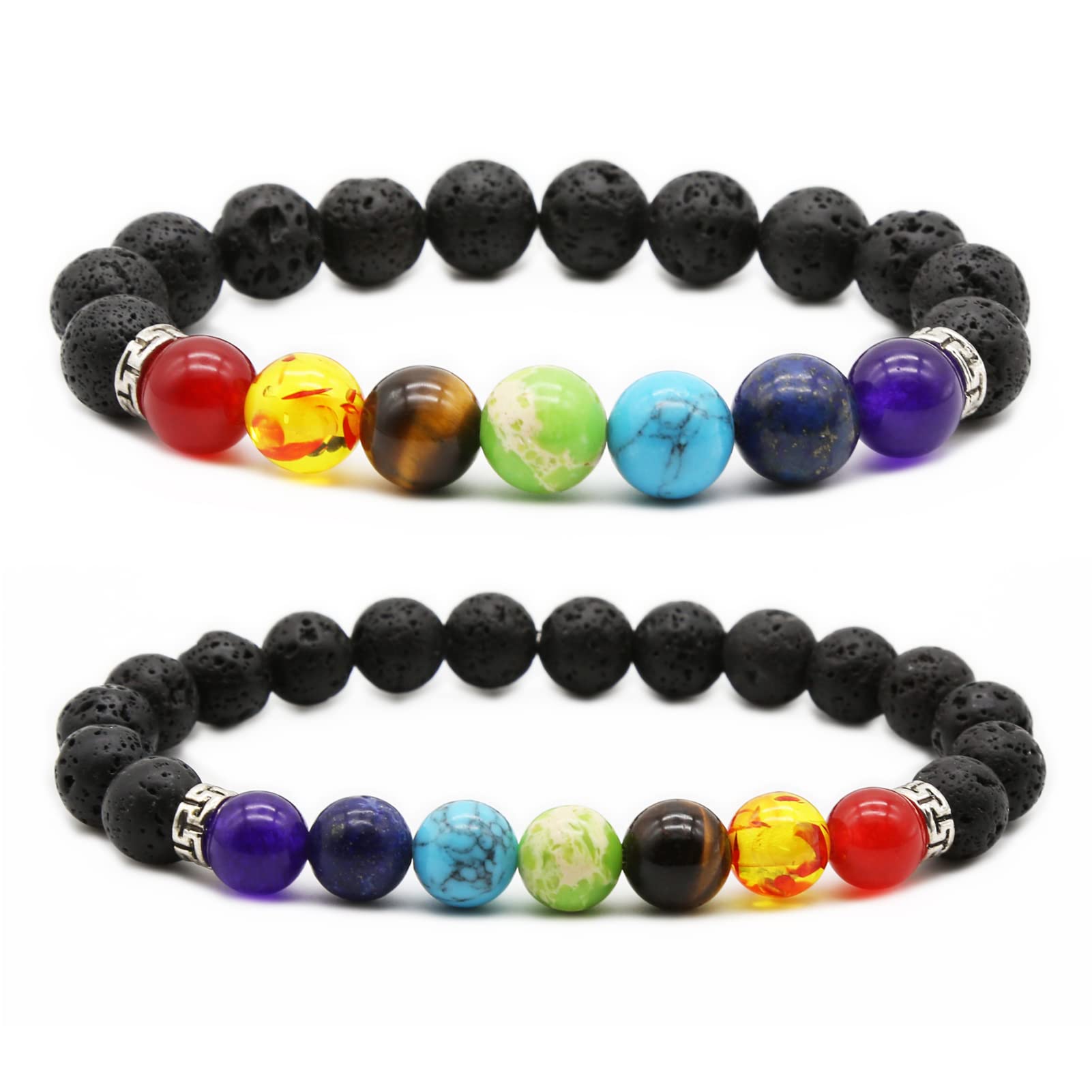 2pcs Natural Lava Rock 7 Chakra Bracelet Set - Aromatherapy Essential Oil Diffuser Yoga Beads Stretch Bracelet for Men & Women - Perfect for Meditation, Yoga, Stress Relief & Spiritual Healing