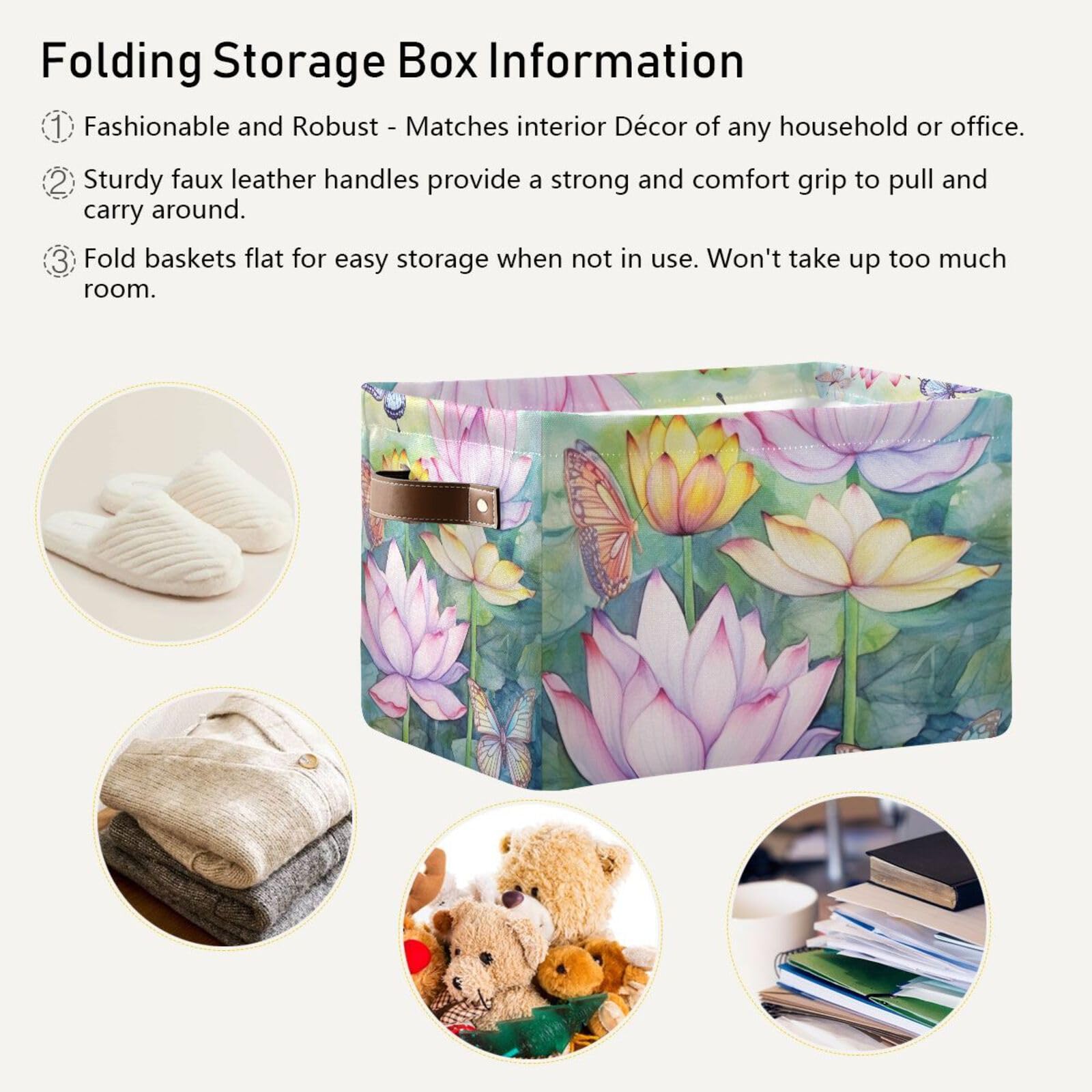 Lotus Painting Foldable Fabric Storage Baskets - 2 Pack Rectangle Canvas Organizer with Handles for Clothes, Home & Office Organization | Perfect for Closet Shelves, Bedroom Decor & Laundry Room Storage