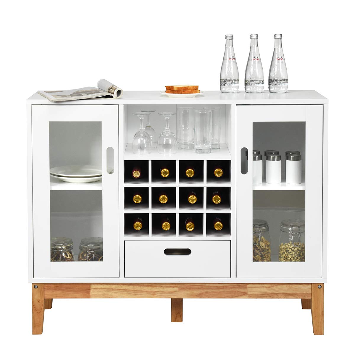 Giantex Buffet Sideboard with Wine Rack - Wooden Kitchen Storage Cabinet with 2 Doors, Drawer & Open Shelf - White & Natural Finish - Perfect for Dining Room, Living Room & Home Bar Organization
