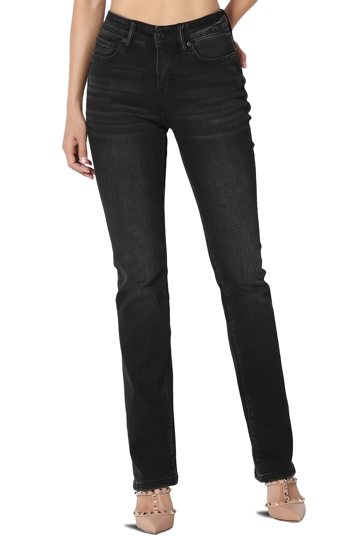 TheMogan Vintage Washed Black Stretch Denim Jeans for Women - Mid Rise Straight Leg Fit (Size 24-38) - Comfortable & Stylish for Casual Wear, Office, and Night Out