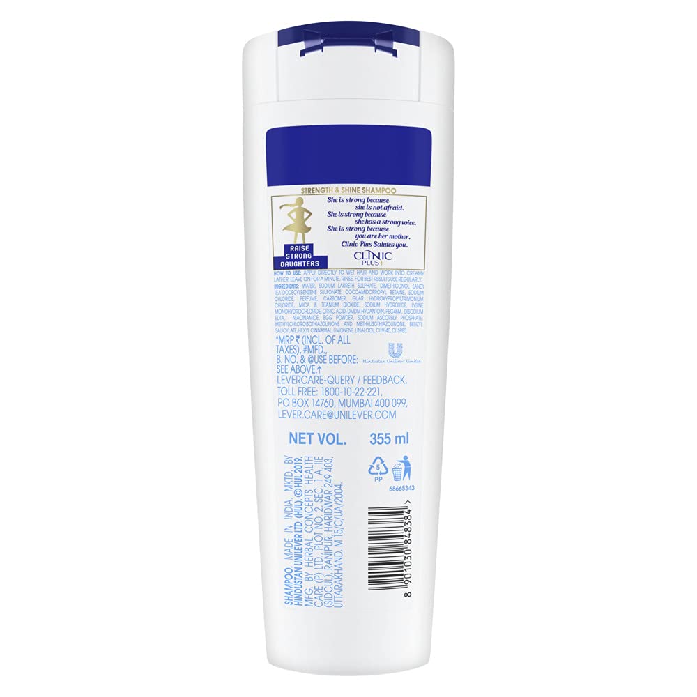 Clinic Plus Strength & Shine Shampoo with Egg Protein 355ml & Strong Thick Shampoo with Milk Protein & Almond Oil 355ml - Hair Strengthening & Volume Boost for Damaged Hair | Daily Use for Women & Men