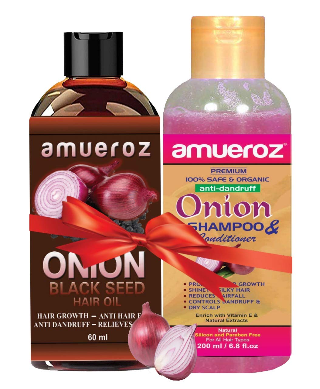 Amueroz Onion Shampoo for Hair Growth & Black Seed Hair Oil Set - 200ml Shampoo + 60ml Oil with Red Onion Extract | Natural Hair Care for Thinning Hair, Hair Loss Treatment & Scalp Health | Daily Use for Men & Women