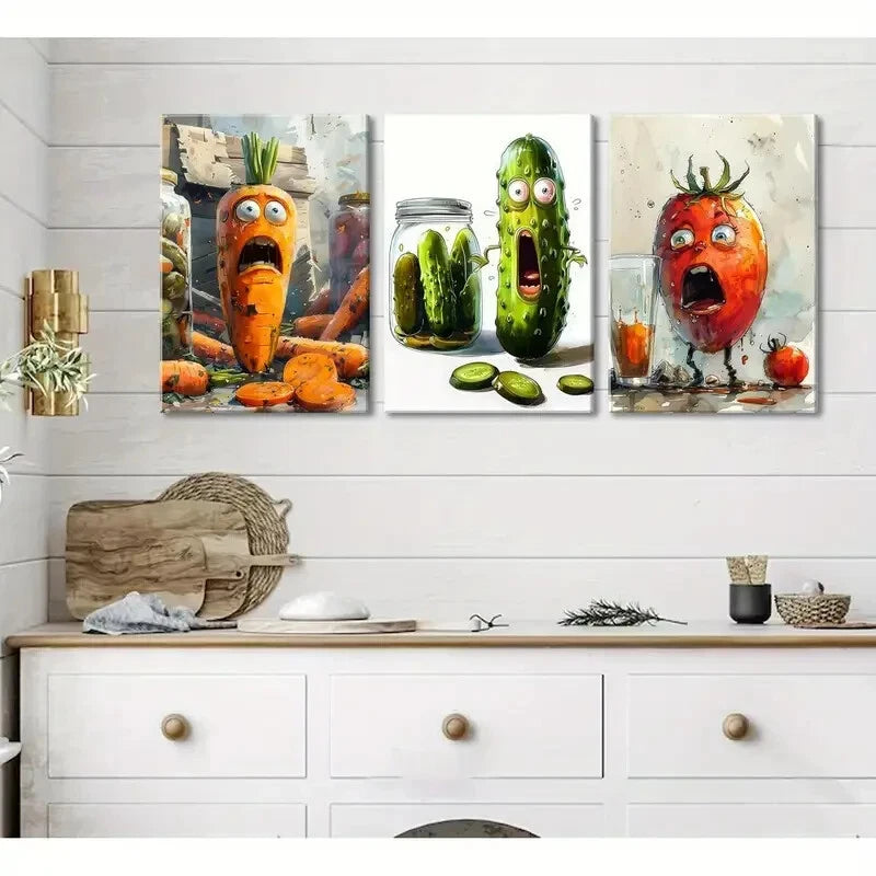 3-Piece Modern Metal Vegetable Food Art Print Set - Ready to Hang Wall Decor for Kitchen, Dining Room & Home Decor