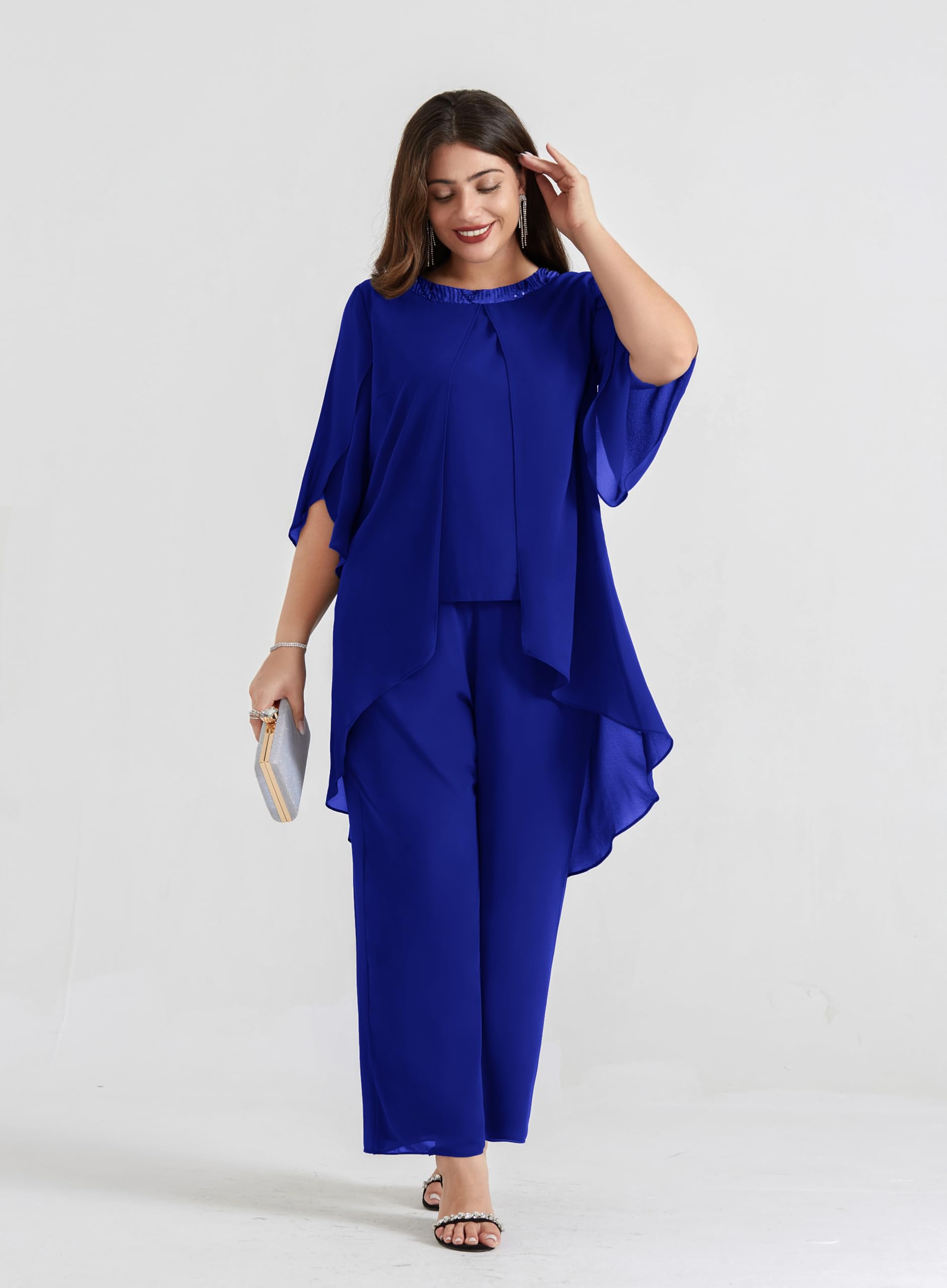 Hanna Nikole Plus Size Mother of The Bride Pant Suits - 2 Piece Chiffon Dressy Wedding Guest Outfit with High Low Hem - Elegant Formal Wear for Weddings, Parties & Special Occasions
