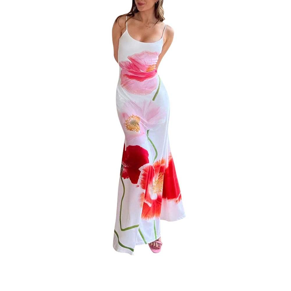 Women's Floral Maxi Dress - Square Neck Backless Long Summer Dress with Spaghetti Straps | Bodycon Slip Dress for Beach, Vacation & Evening Wear